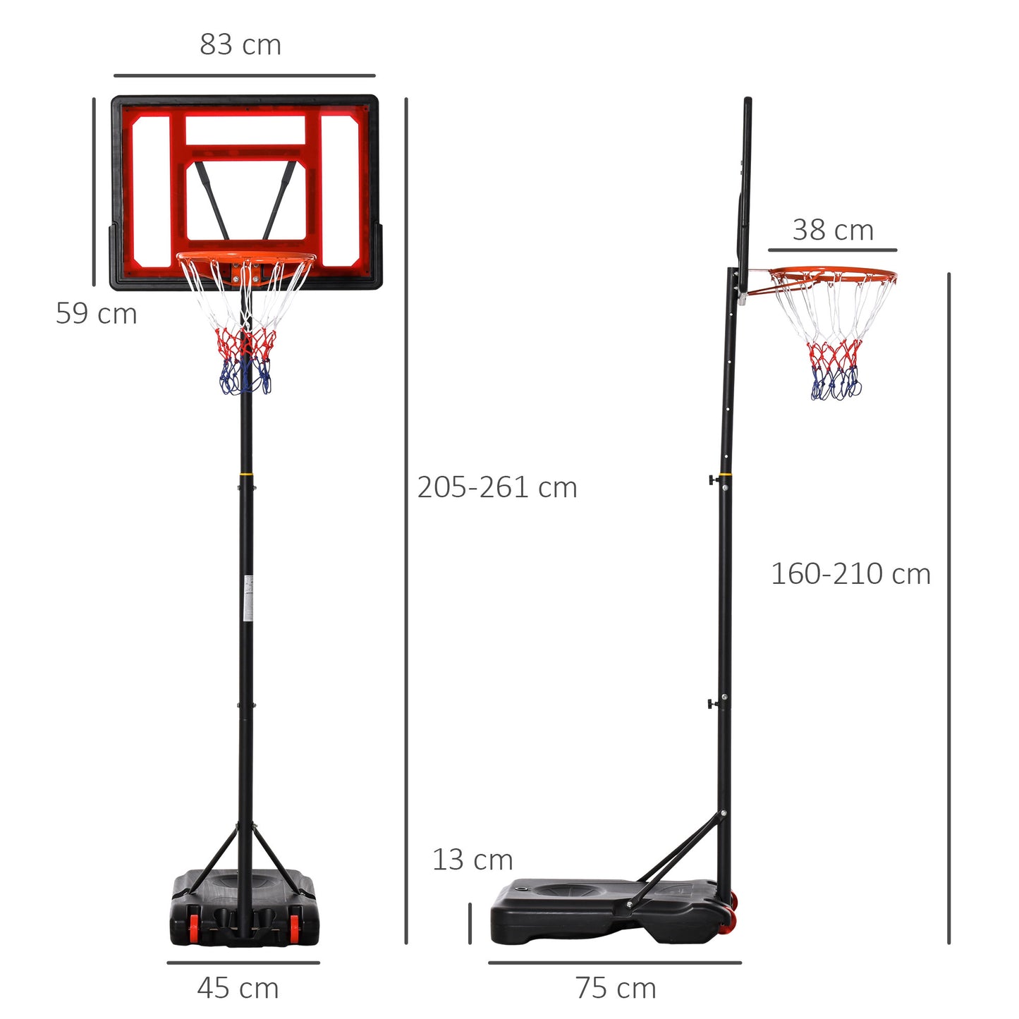 HOMCOM Canasta de Baloncesto Ajustable de 205-261 cm Aro de Baloncesto Portátil con Soporte de Acero Base Rellenable y 2 Ruedas de Transporte para Niños y Adultos Rojo Negro