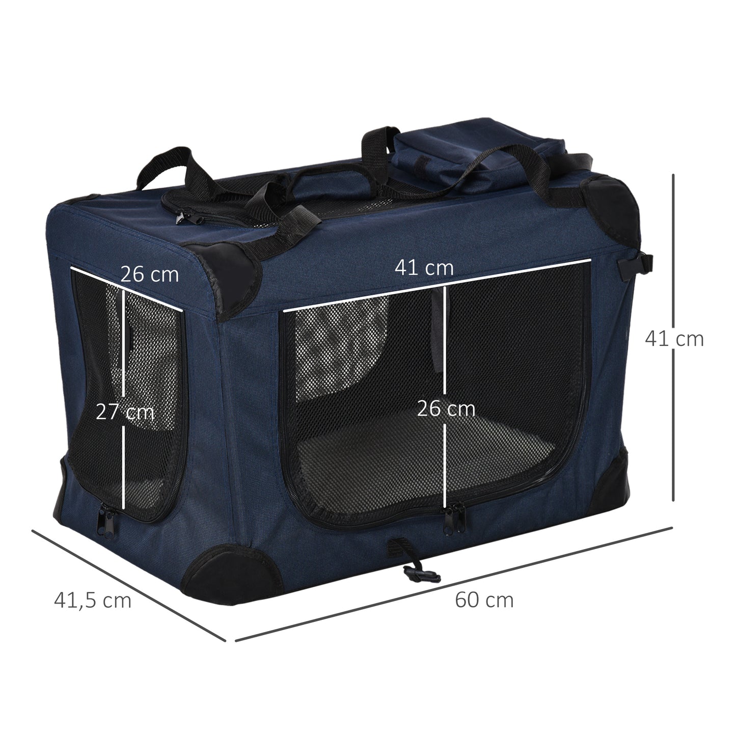 PawHut Transportín Perro Gato Bolsa de Transporte Portátil y Transpirable para Mascotas Plegable con Cojín 3 Puertas y Ventana de Malla 2 Bolsillos 60x41,5x41 cm Azul Oscuro