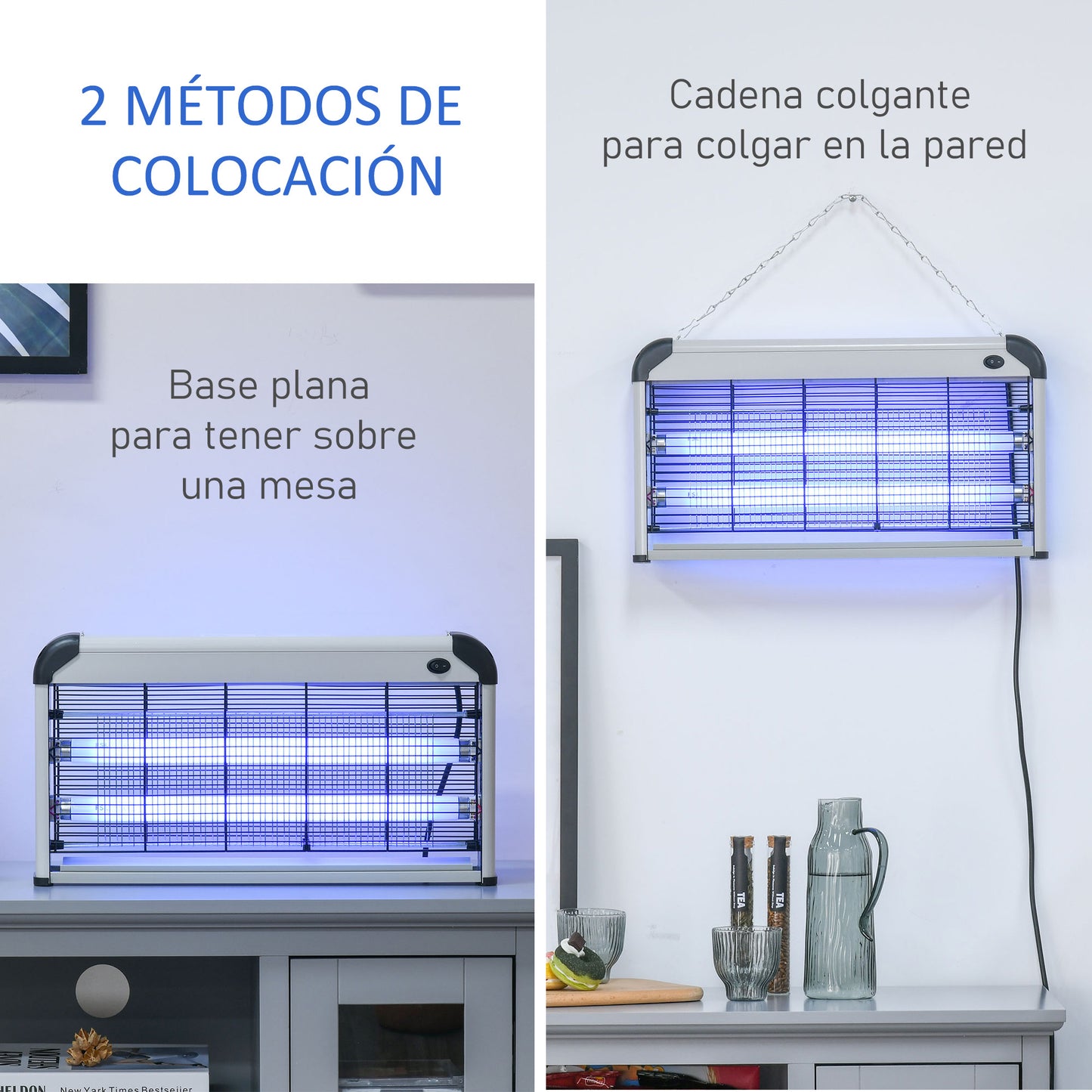 Outsunny Lámpara Antimosquitos Eléctrico 30W Mata Moscas Eléctrico Interior con Luz UV Efecto 60 m² para Jardín Terraza Patio 48,5x8,5x26,5 cm Plata