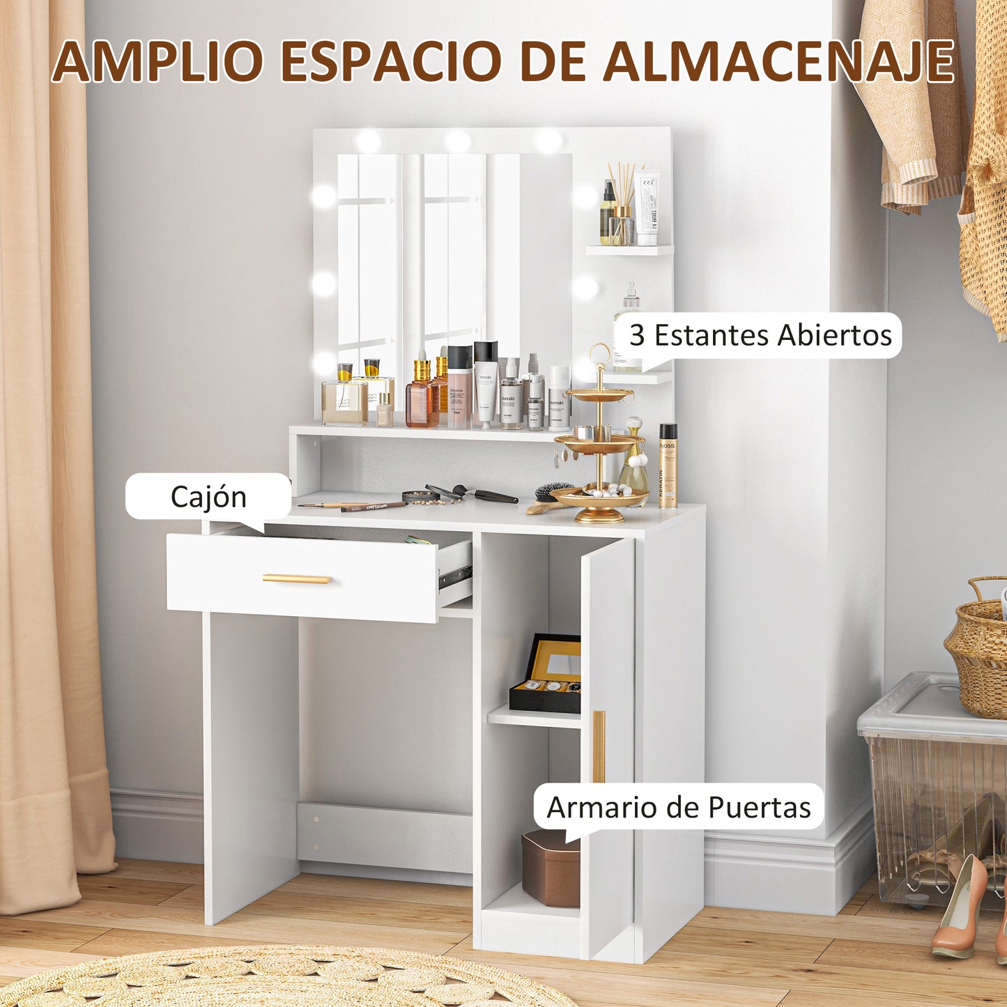 HOMCOM Tocador de Maquillaje con Taburete Mesa de Maquillaje con Espejo LED Cajones Estante Ajustable y Estantes Abiertos para Dormitorio Sala de Estar Blanco