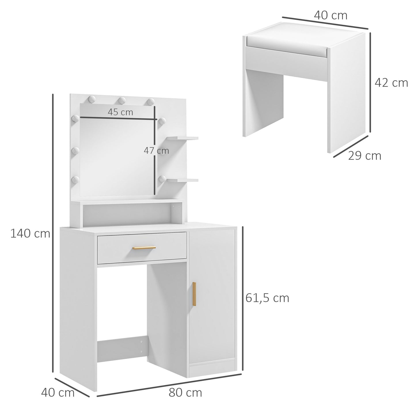 HOMCOM Tocador de Maquillaje con Taburete Mesa de Maquillaje con Espejo LED Cajones Estante Ajustable y Estantes Abiertos para Dormitorio Sala de Estar Blanco