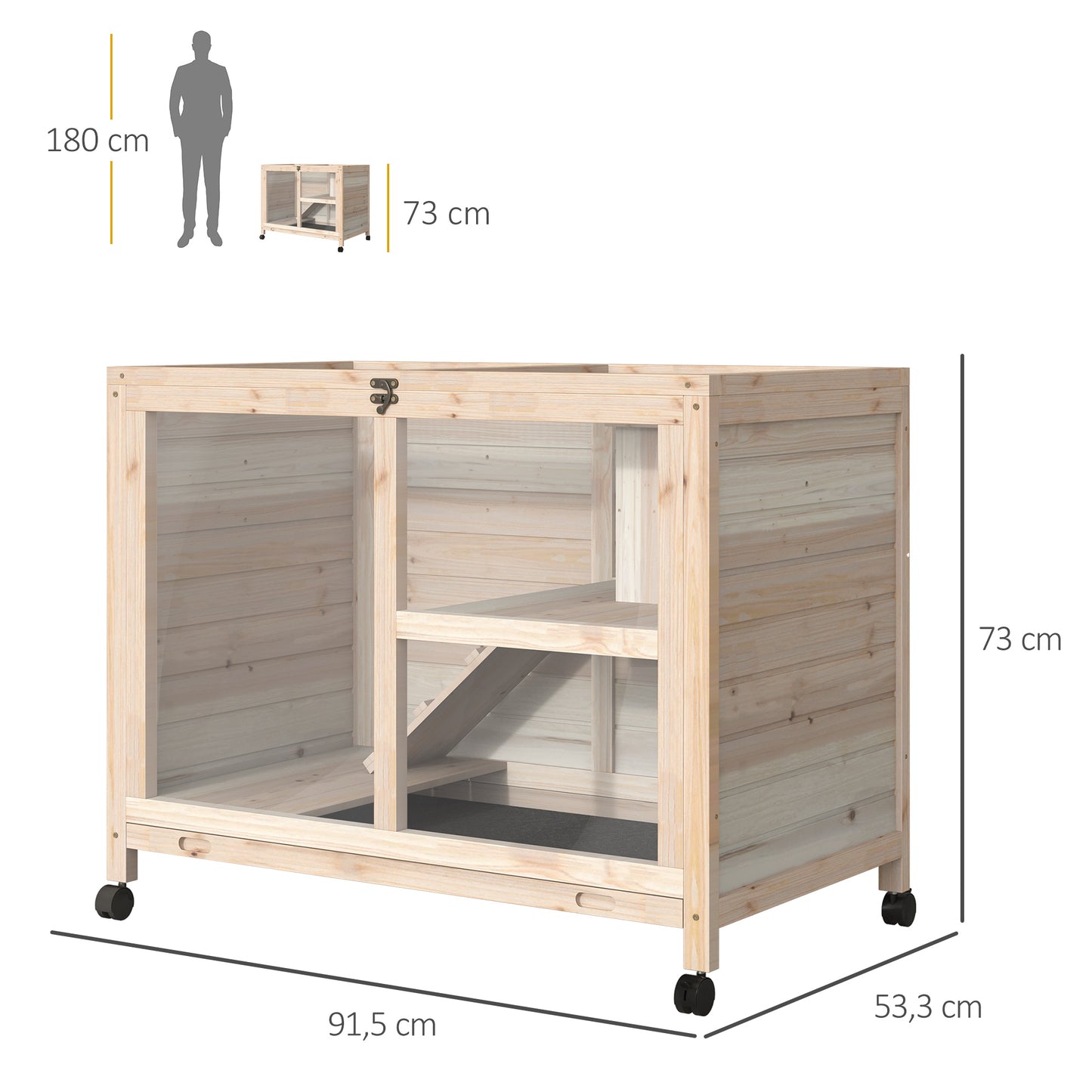 PawHut Conejera de Madera con Ruedas 91,5x53,3x73 cm Jaula para Conejos de 2 Niveles con Techo Abatible Bandeja Extraíble y Rampa Natural