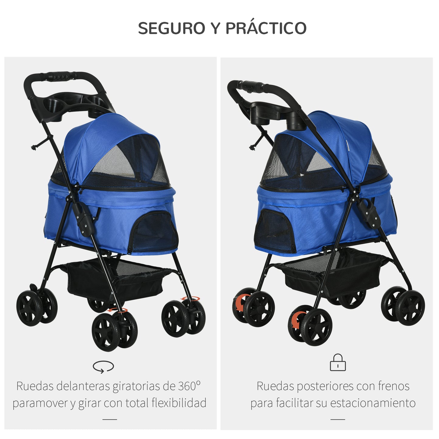 PawHut Cochecito para Perros Plegable Carrito para Perros Pequeños con Ruedas Universales Cesta de Almacenaje Correas de Seguridad y Ventanas 67x45x96 cm Azul