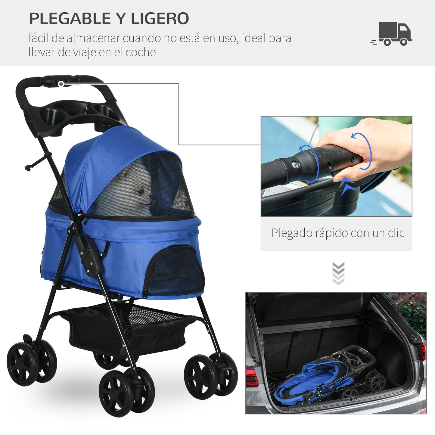 PawHut Cochecito para Perros Plegable Carrito para Perros Pequeños con Ruedas Universales Cesta de Almacenaje Correas de Seguridad y Ventanas 67x45x96 cm Azul