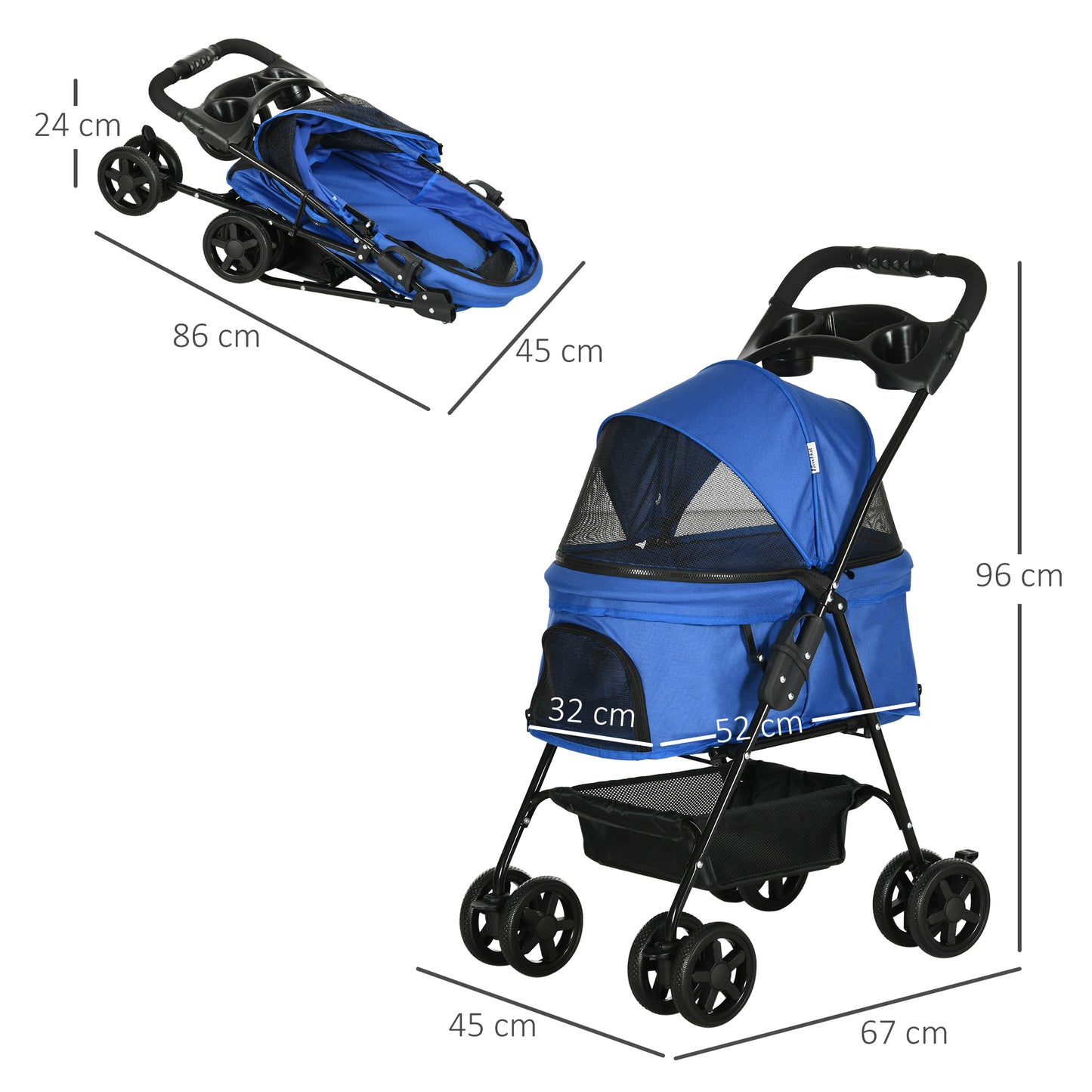 PawHut Cochecito para Perros Plegable Carrito para Perros Pequeños con Ruedas Universales Cesta de Almacenaje Correas de Seguridad y Ventanas 67x45x96 cm Azul