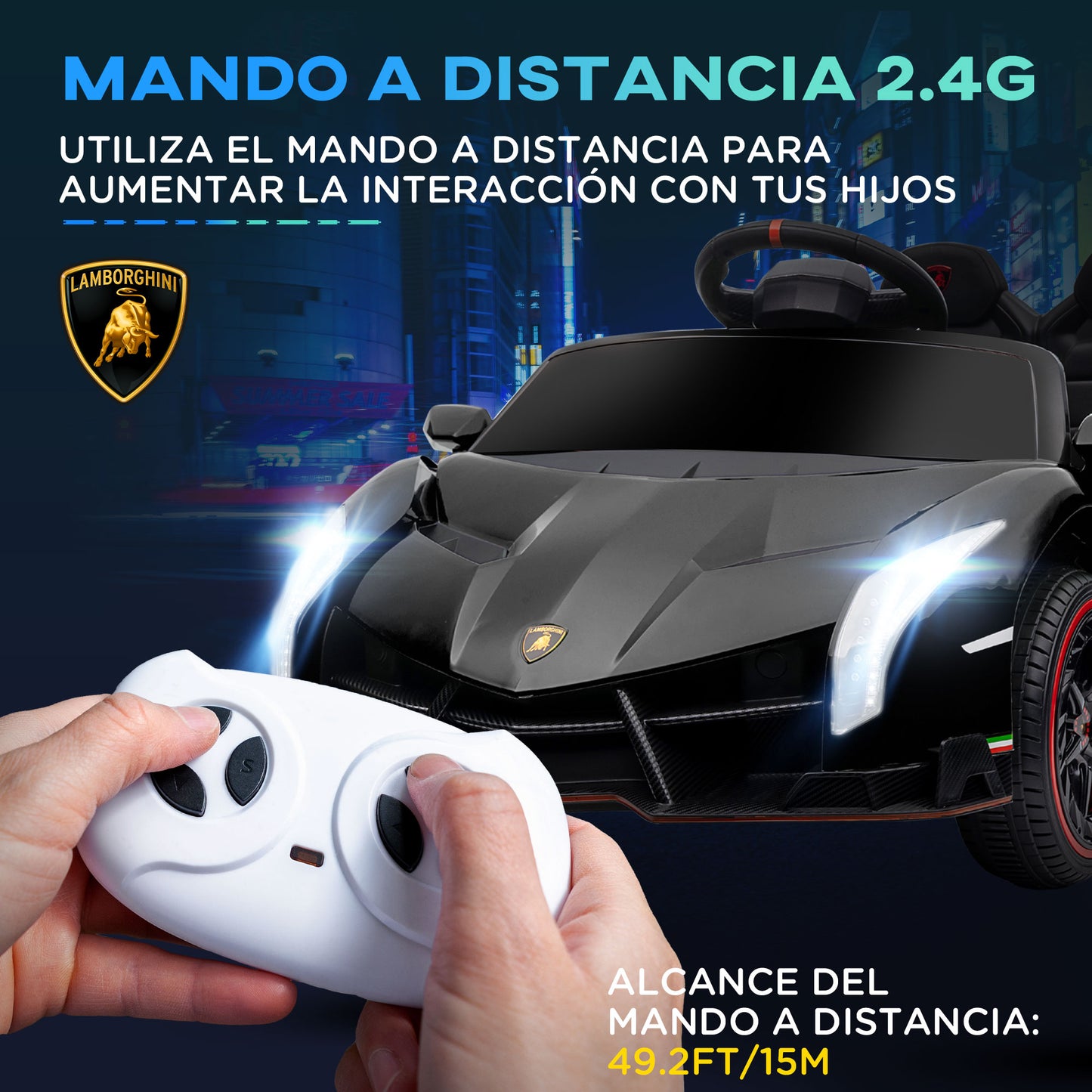 HOMCOM Coche Eléctrico Lamborghini para Niños de 3 a 6 Años Coche de Batería 12V Velocidad Max.7 km/h Puerta de Tijera con Control Remoto MP3 Luces y Cinturón de Seguridad 111x61x45 cm Negro