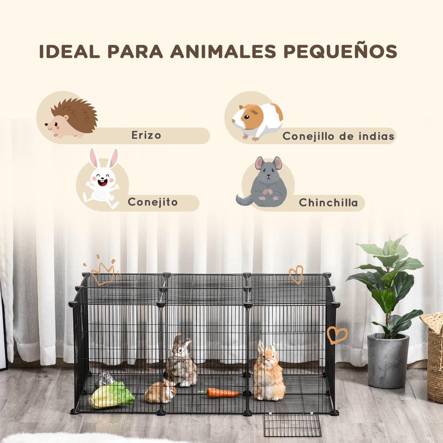 PawHut Parque para Mascotas DIY Jaula para Animales Pequeños de 22 Paneles de Malla Metálica con Puerta Conejos Cobaya 105x70x45 cm Negro