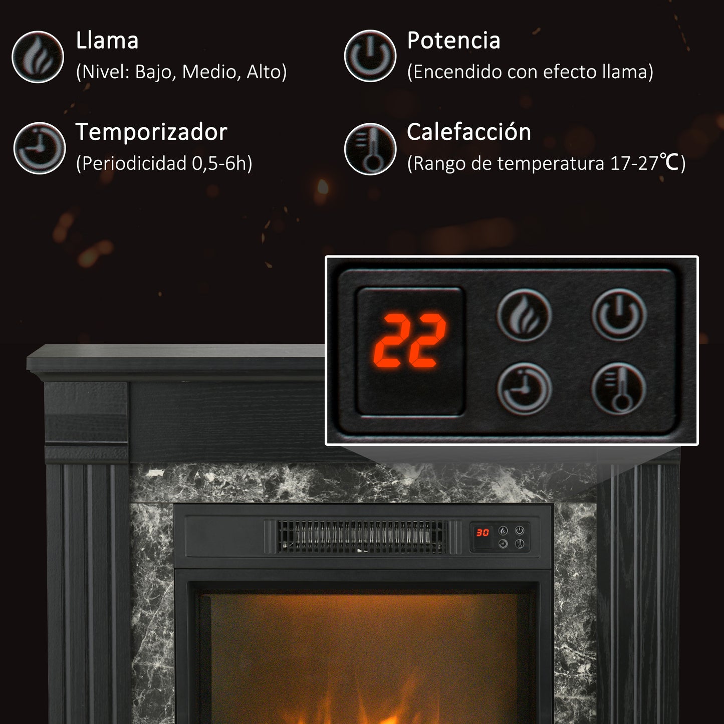 HOMCOM Chimenea Eléctrica 1800W Chimenea Decorativa con Efecto de Llama Mando a Distancia Temporizador Termostato Protección Contra Sobrecalentamiento para Sala 30 m² Negro