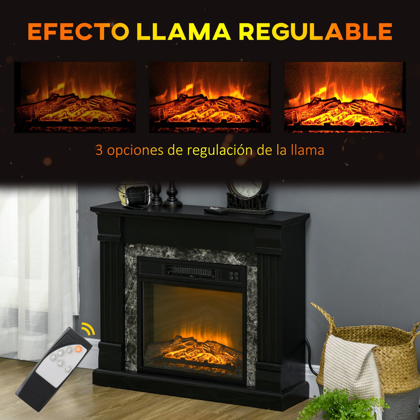 HOMCOM Chimenea Eléctrica 1800W Chimenea Decorativa con Efecto de Llama Mando a Distancia Temporizador Termostato Protección Contra Sobrecalentamiento para Sala 30 m² Negro