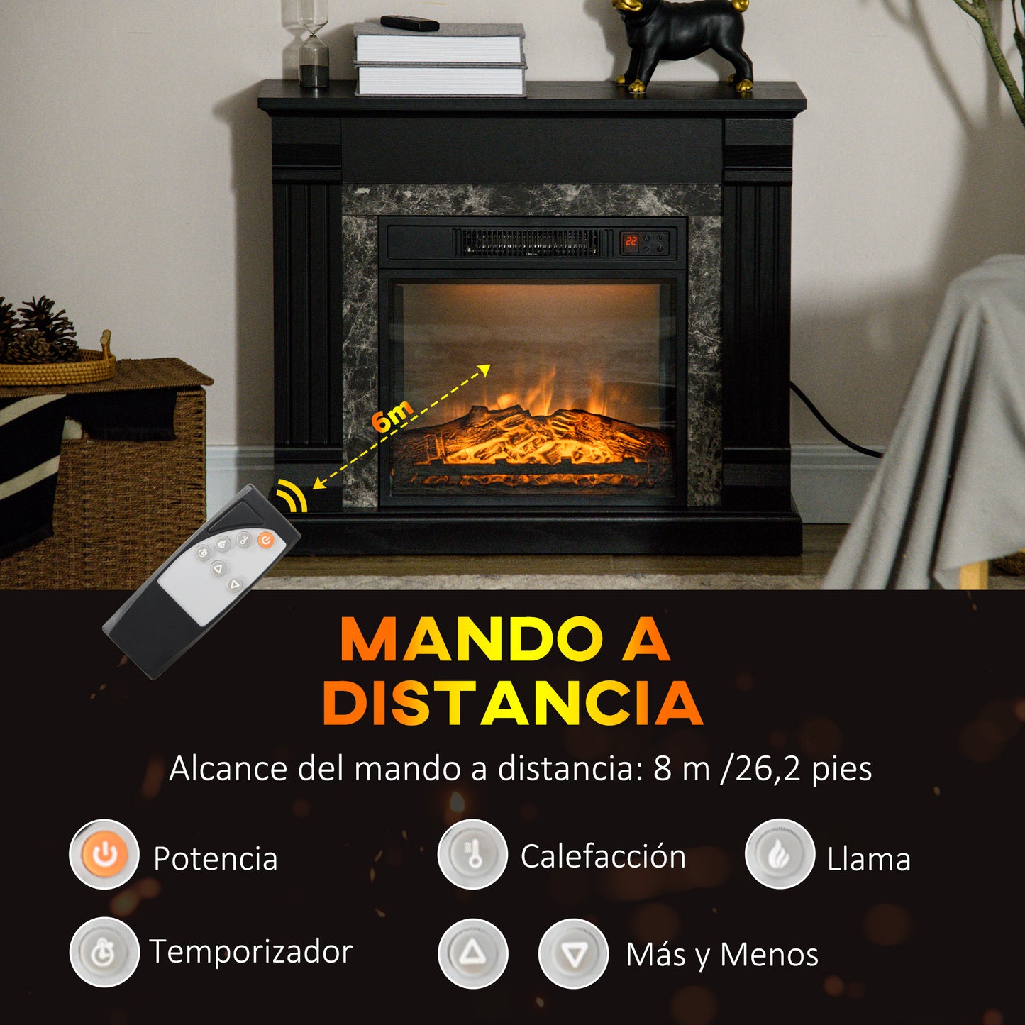 HOMCOM Chimenea Eléctrica 1800W Chimenea Decorativa con Efecto de Llama Mando a Distancia Temporizador Termostato Protección Contra Sobrecalentamiento para Sala 30 m² Negro