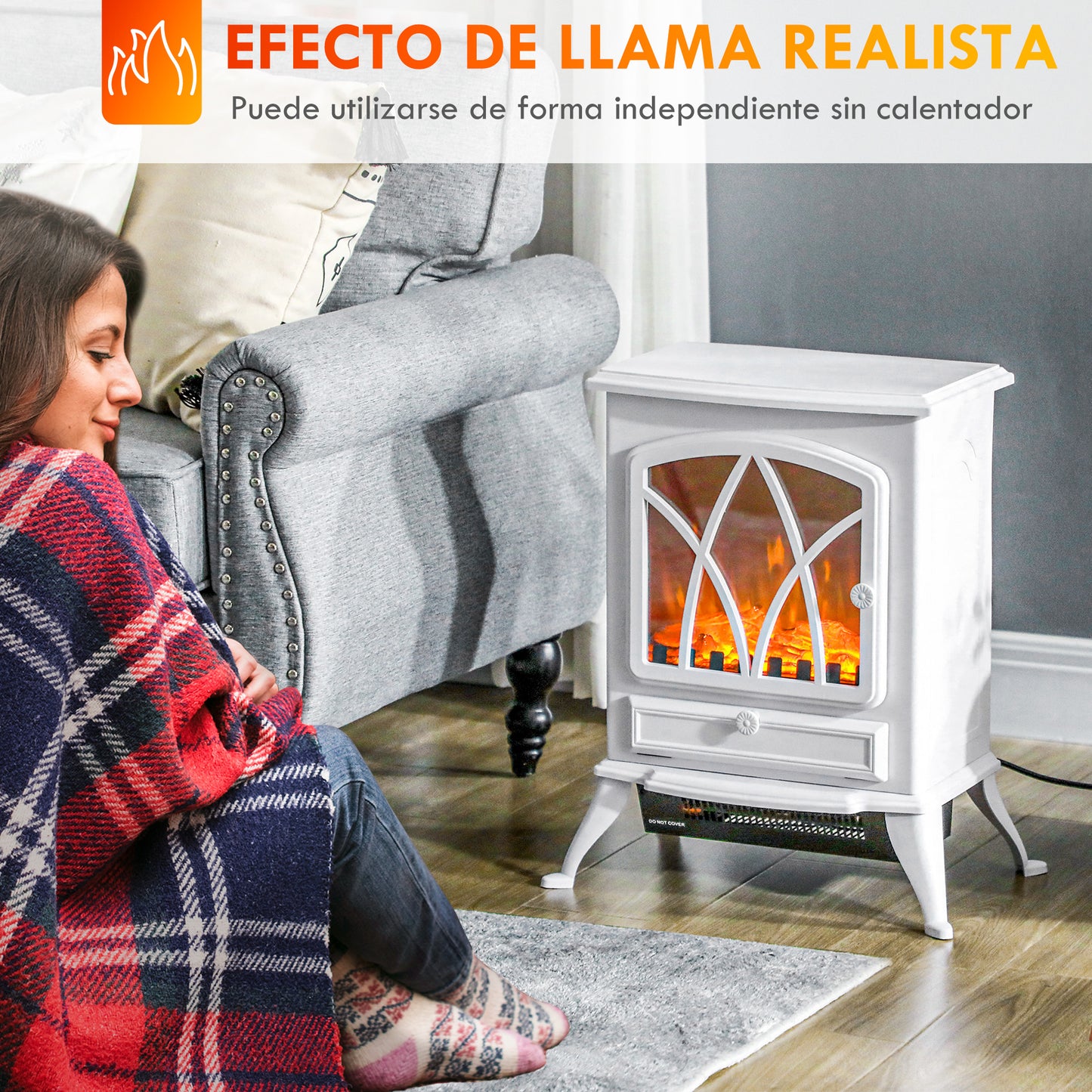 HOMCOM Chimenea Eléctrica 1000W/2000W Chimenea Decorativa con Ventana Efecto de Llama Brillo Ajustable y Protección Sobrecalentamiento para 15-30 ㎡ 45x28,5x54 cm Blanco