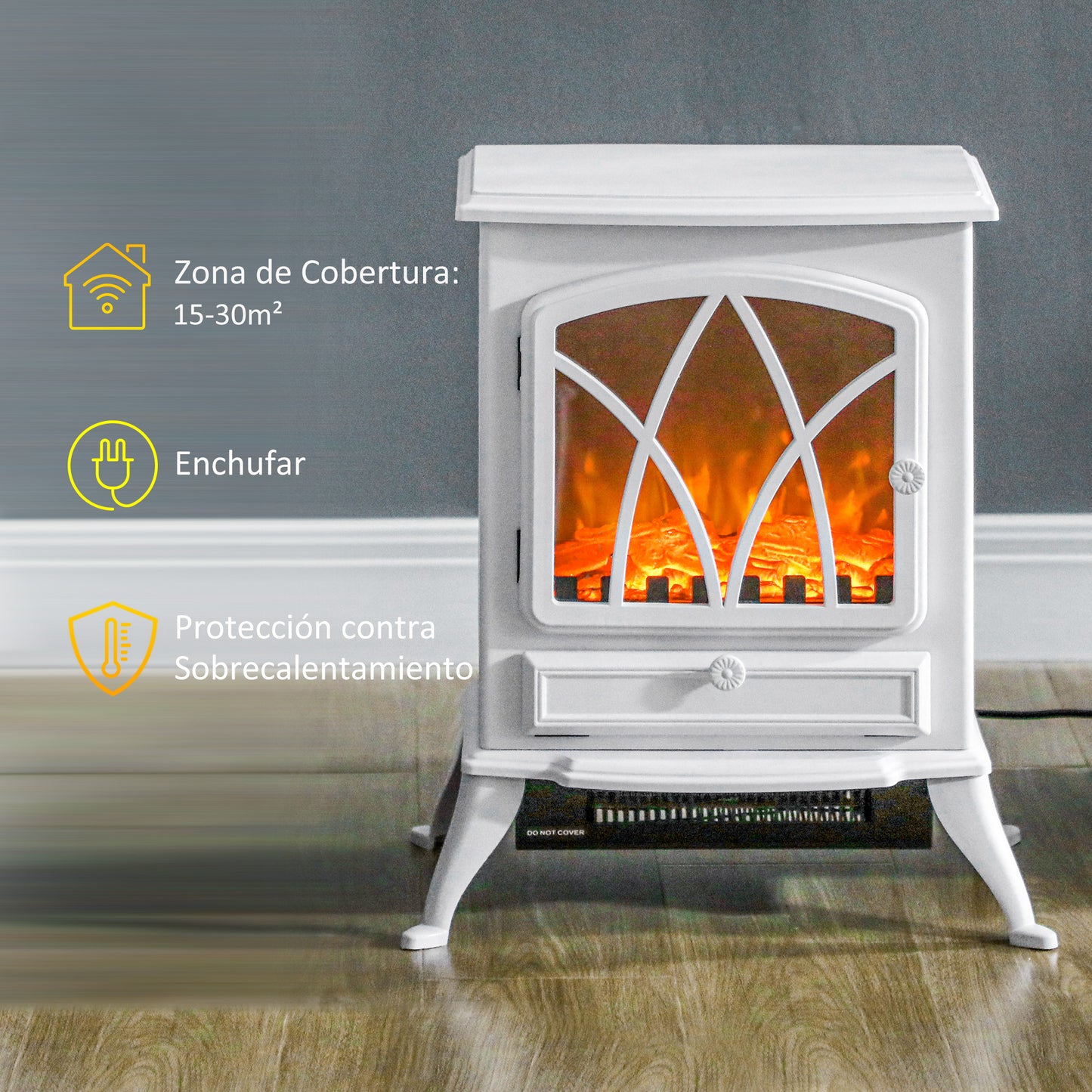 HOMCOM Chimenea Eléctrica 1000W/2000W Chimenea Decorativa con Ventana Efecto de Llama Brillo Ajustable y Protección Sobrecalentamiento para 15-30 ㎡ 45x28,5x54 cm Blanco