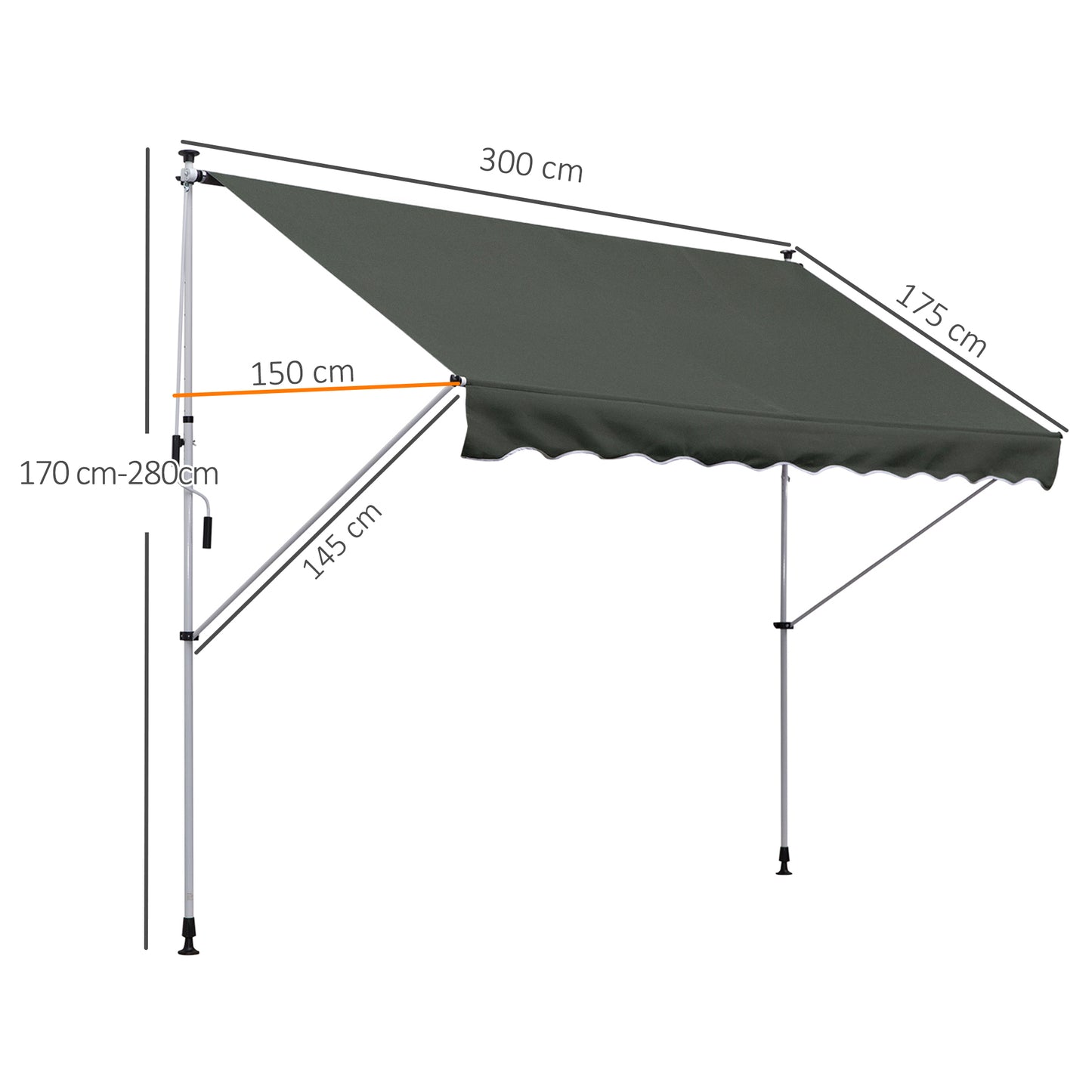 Outsunny Toldo Manual Retráctil 300x150x170-280 cm Toldo para Balcón con Altura Ajustable Manivela y Protección Solar para Terraza Jardín Gris