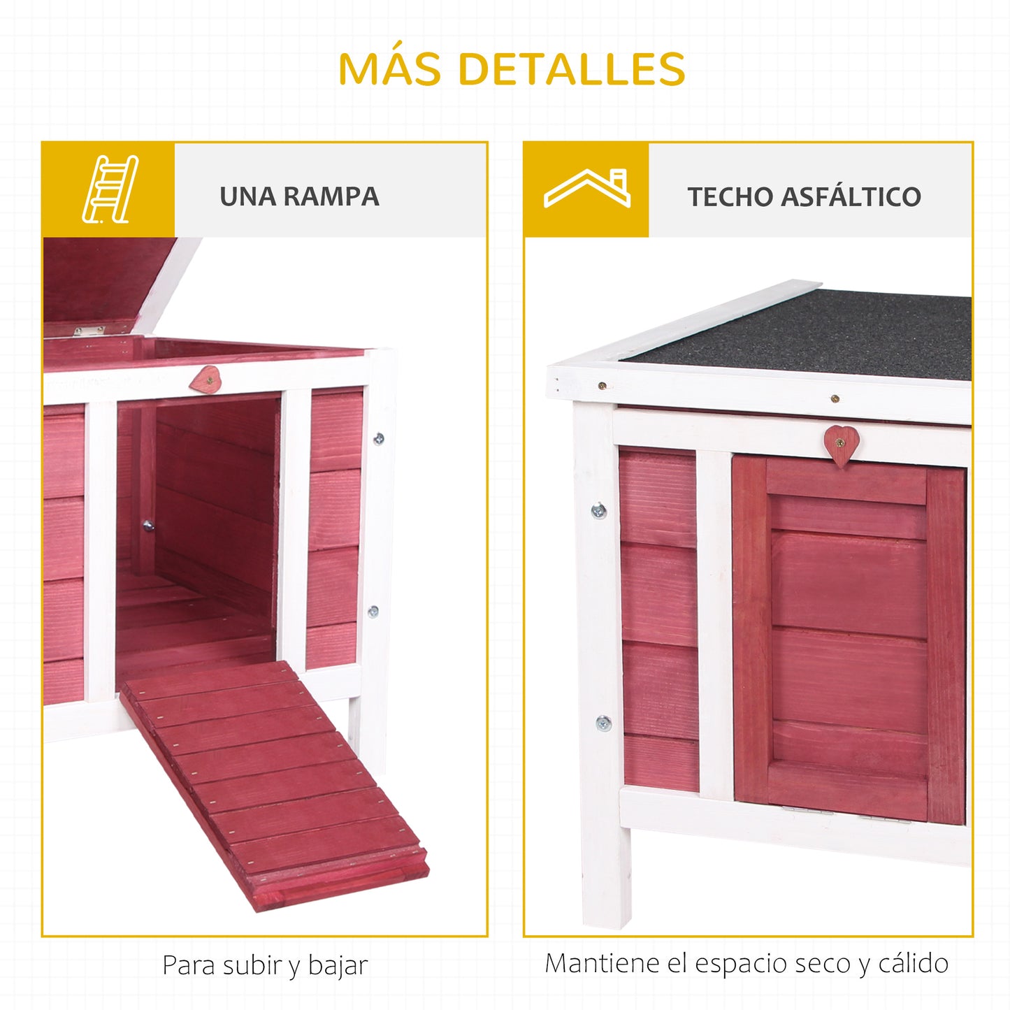 PawHut Conejera de Madera Exterior Jaula Caseta para Roedores Mascotas Pequeñas con Techo Asfáltico Abatible y Rampa Antideslizante 42x51x43 cm Rojo