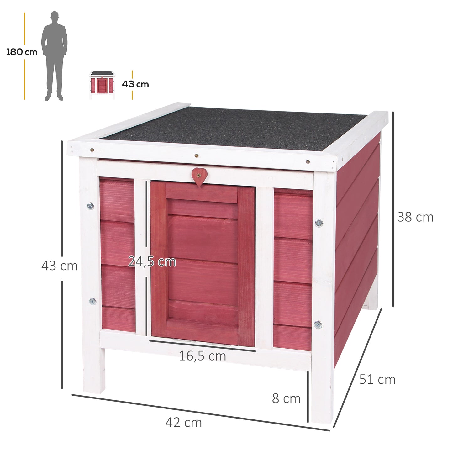 PawHut Conejera de Madera Exterior Jaula Caseta para Roedores Mascotas Pequeñas con Techo Asfáltico Abatible y Rampa Antideslizante 42x51x43 cm Rojo