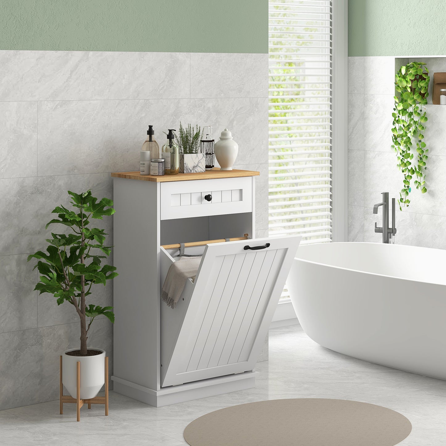 HOMCOM Mueble Auxiliar de Baño Armario de Baño con Cajón Cesto para la Ropa y Diseño Anti-vuelco Mueble de Baño Moderno 52x33x90 cm Blanco