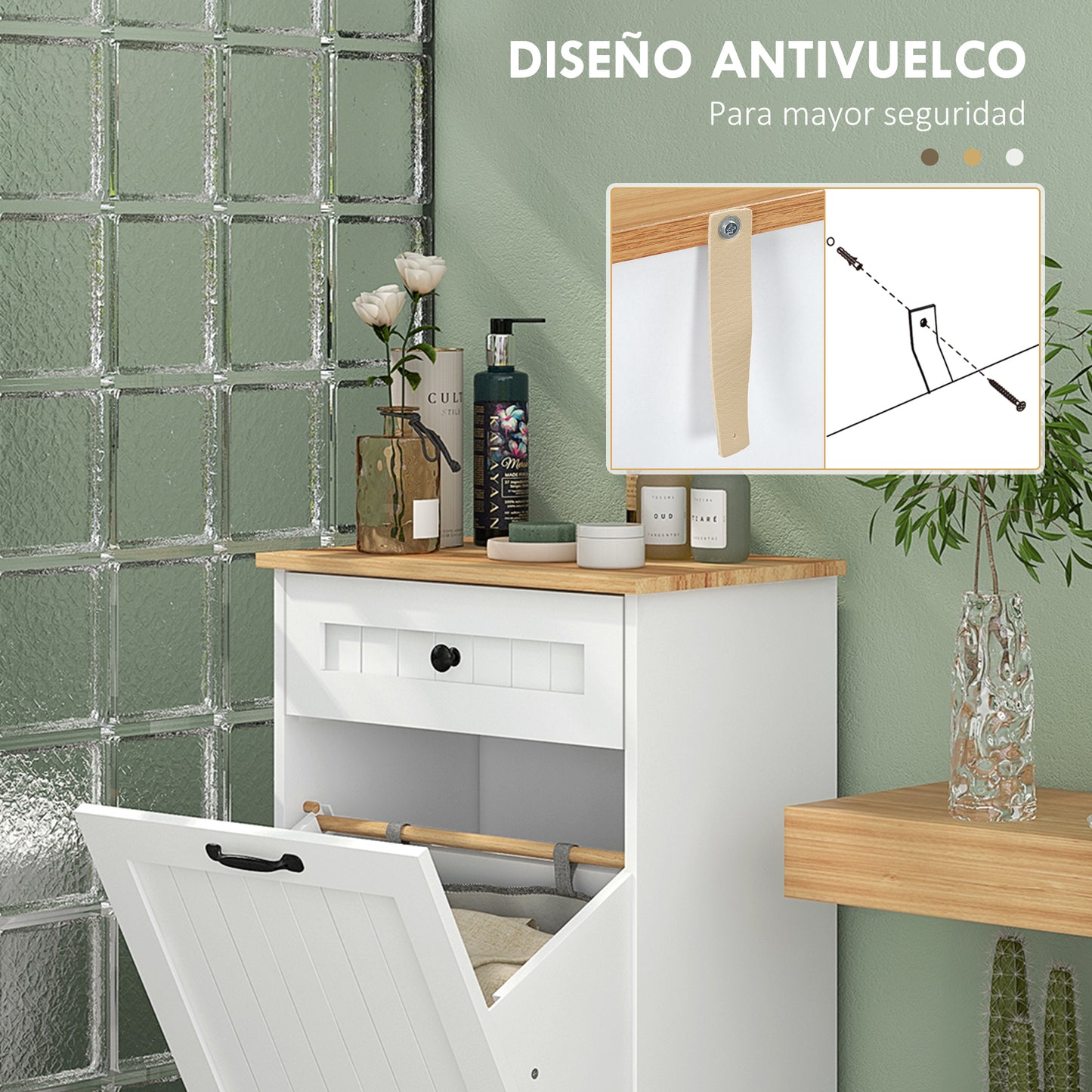 HOMCOM Mueble Auxiliar de Baño Armario de Baño con Cajón Cesto para la Ropa y Diseño Anti-vuelco Mueble de Baño Moderno 52x33x90 cm Blanco