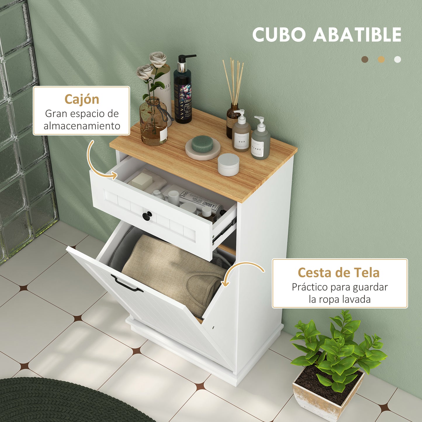 HOMCOM Mueble Auxiliar de Baño Armario de Baño con Cajón Cesto para la Ropa y Diseño Anti-vuelco Mueble de Baño Moderno 52x33x90 cm Blanco