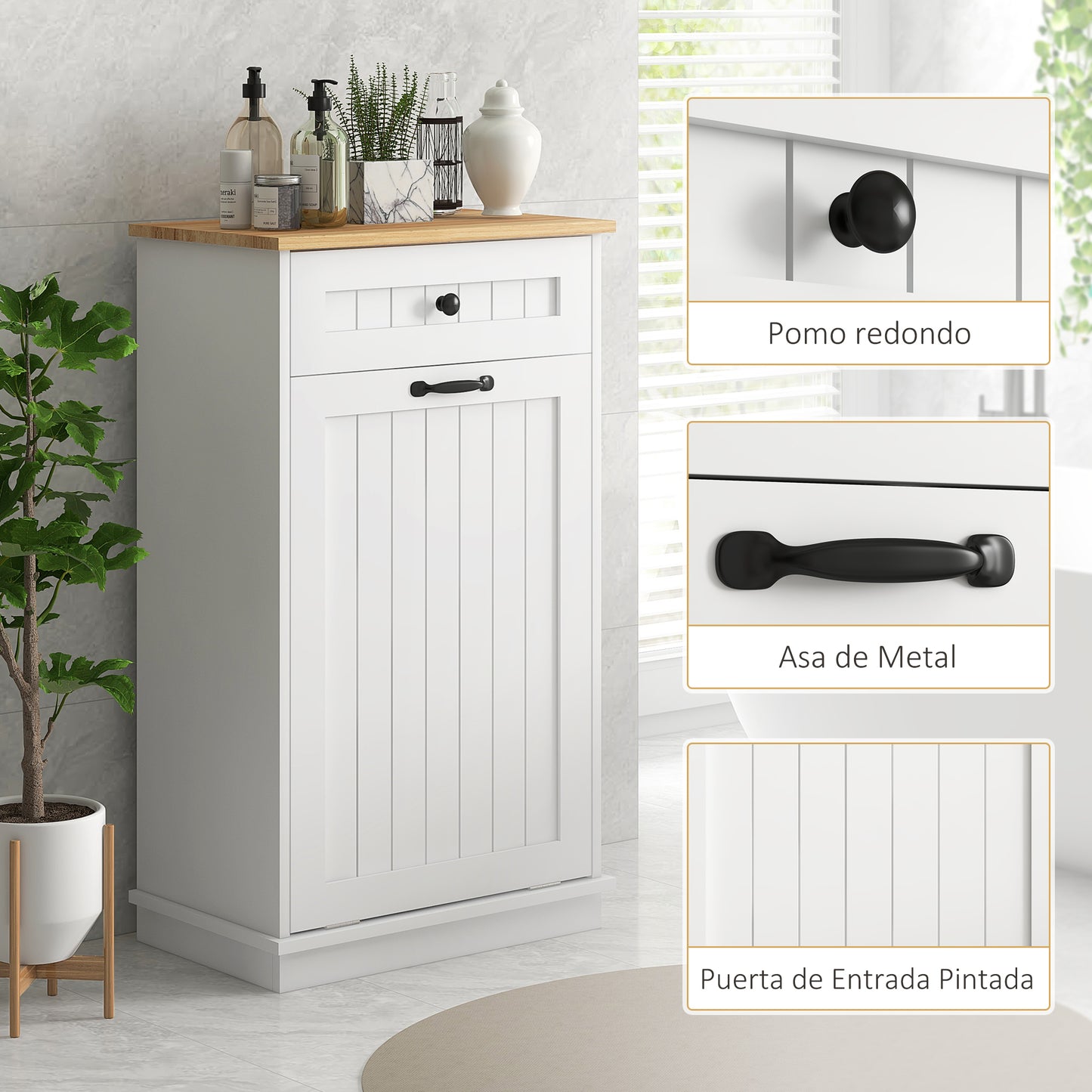 HOMCOM Mueble Auxiliar de Baño Armario de Baño con Cajón Cesto para la Ropa y Diseño Anti-vuelco Mueble de Baño Moderno 52x33x90 cm Blanco