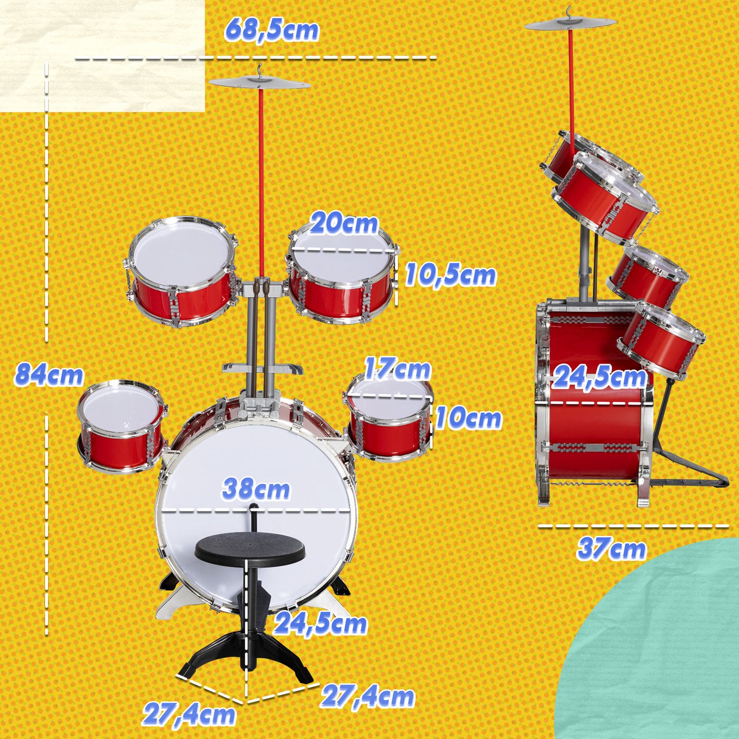 AIYAPLAY Batería Infantil con Taburete Batería para Niños de +3 Años con Tambores Bombo Platillo Pedal y Baquetas 68,5x37x84 cm Rojo