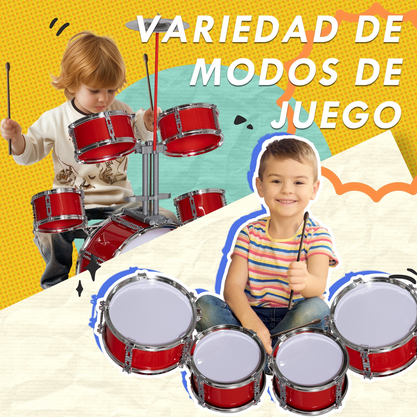 AIYAPLAY Batería Infantil con Taburete Batería para Niños de +3 Años con Tambores Bombo Platillo Pedal y Baquetas 68,5x37x84 cm Rojo