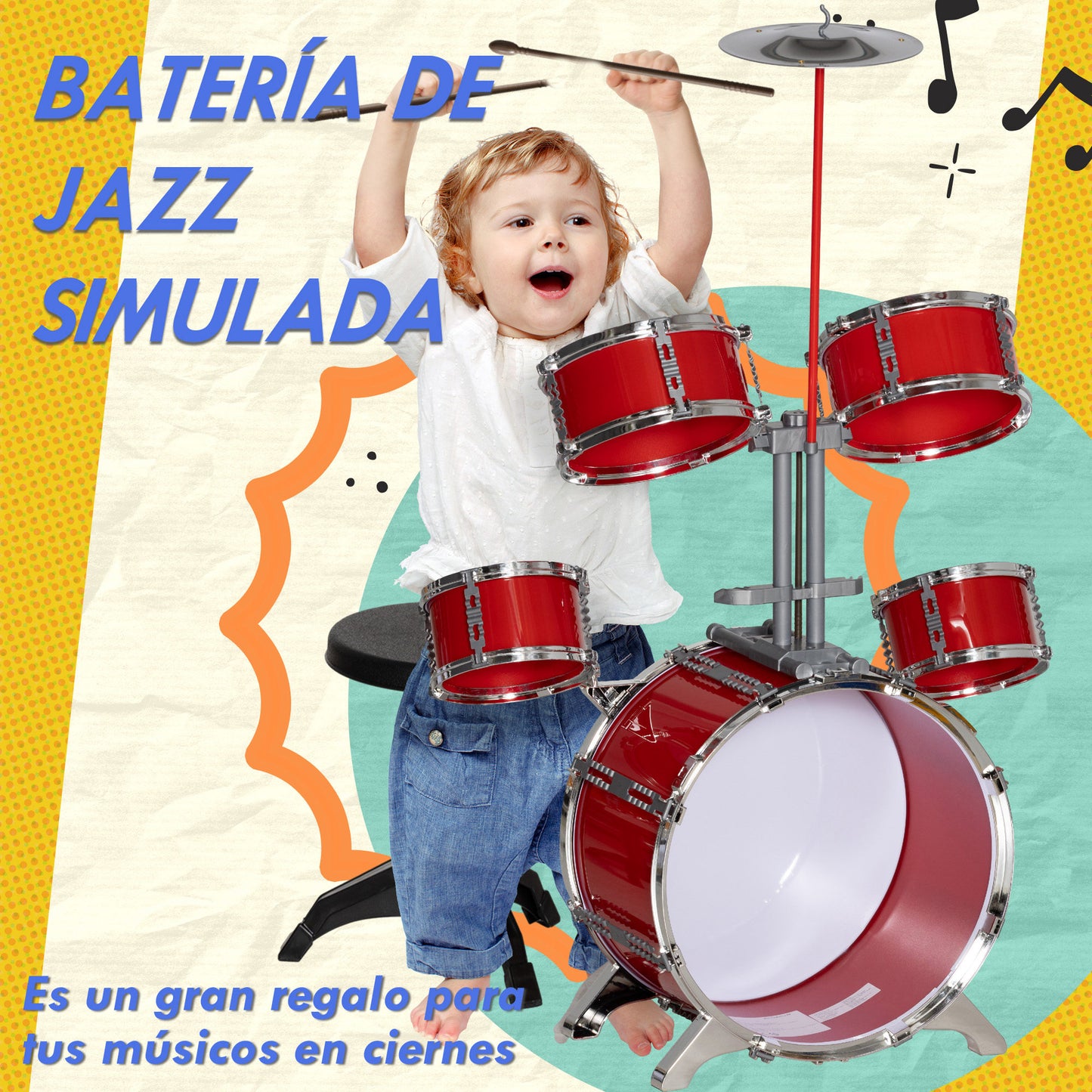 AIYAPLAY Batería Infantil con Taburete Batería para Niños de +3 Años con Tambores Bombo Platillo Pedal y Baquetas 68,5x37x84 cm Rojo