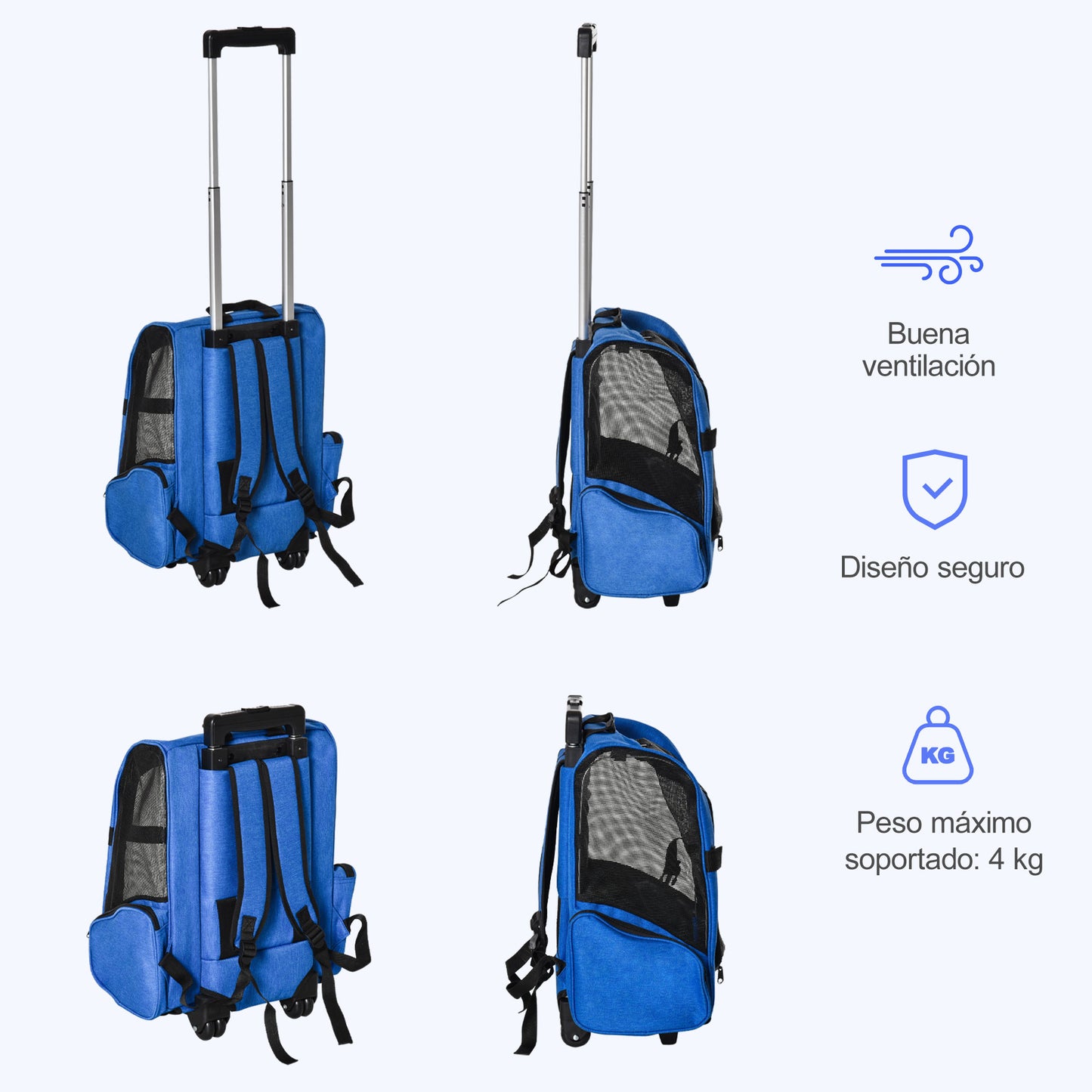 PawHut Transportín Carrito para Mascotas 2 en 1 Mochila de Viaje con 2 Ruedas para Perros Gatos con Asa Retráctil de Aluminio y Bolsillos de Almacenaje 42x25x55 cm Azul