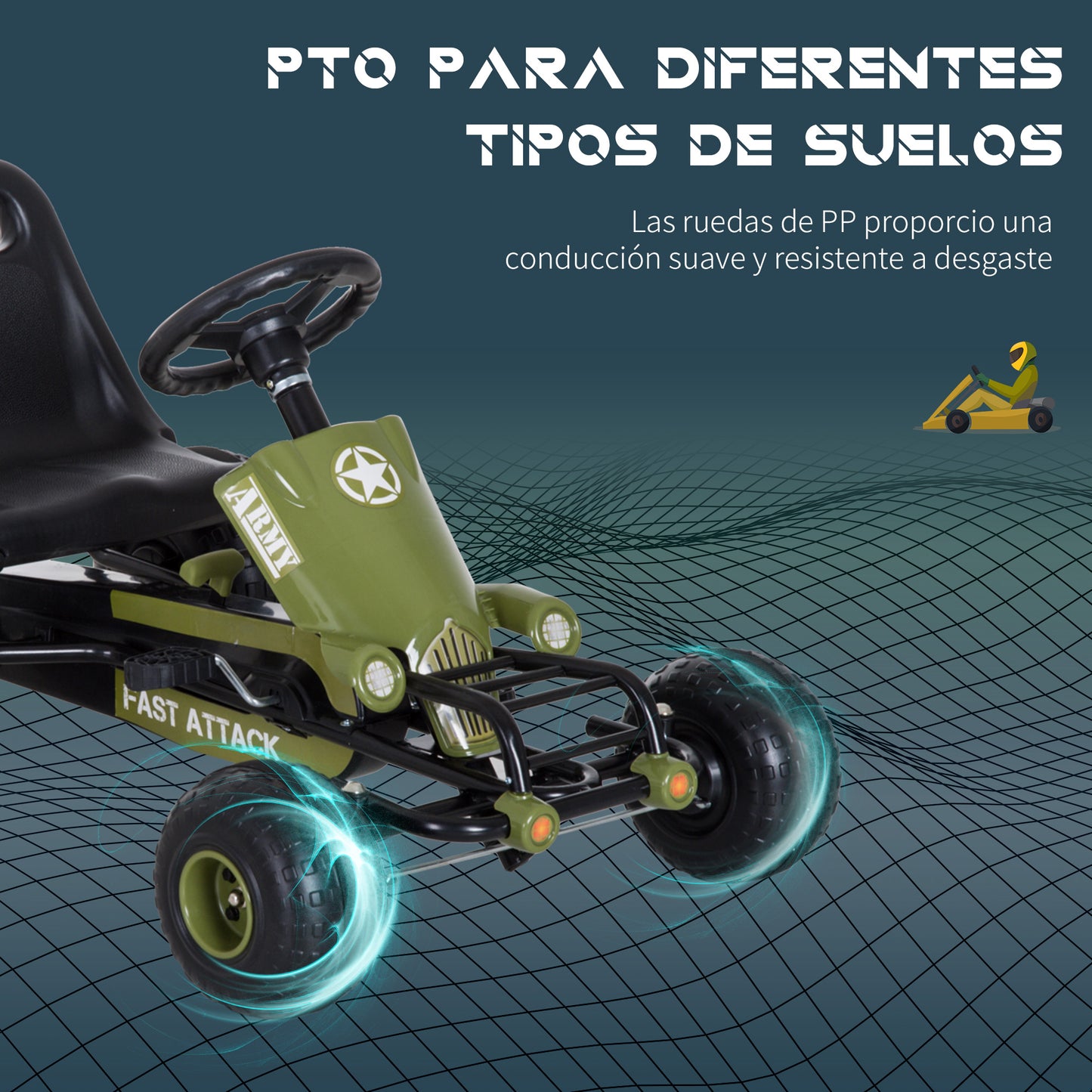 HOMCOM Go Kart Coche de Pedales Racing Deportivo con Asiento Ajustable Embrague y Freno para Niños 3-6 Años Carga 35kg 99x65x56cm Marco Acero Negro y Verde