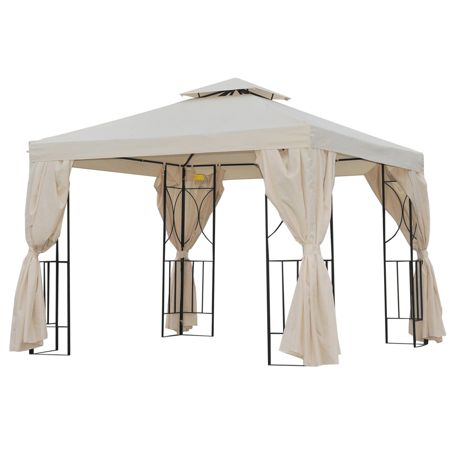 Outsunny Cenador de Jardín 3x3 m Pabellón para Exterior con Doble Techo de Ventilación y 4 Cortinas Laterales Extraíbles de Cremallera Gazebo para Terraza Patio Exterior Crema