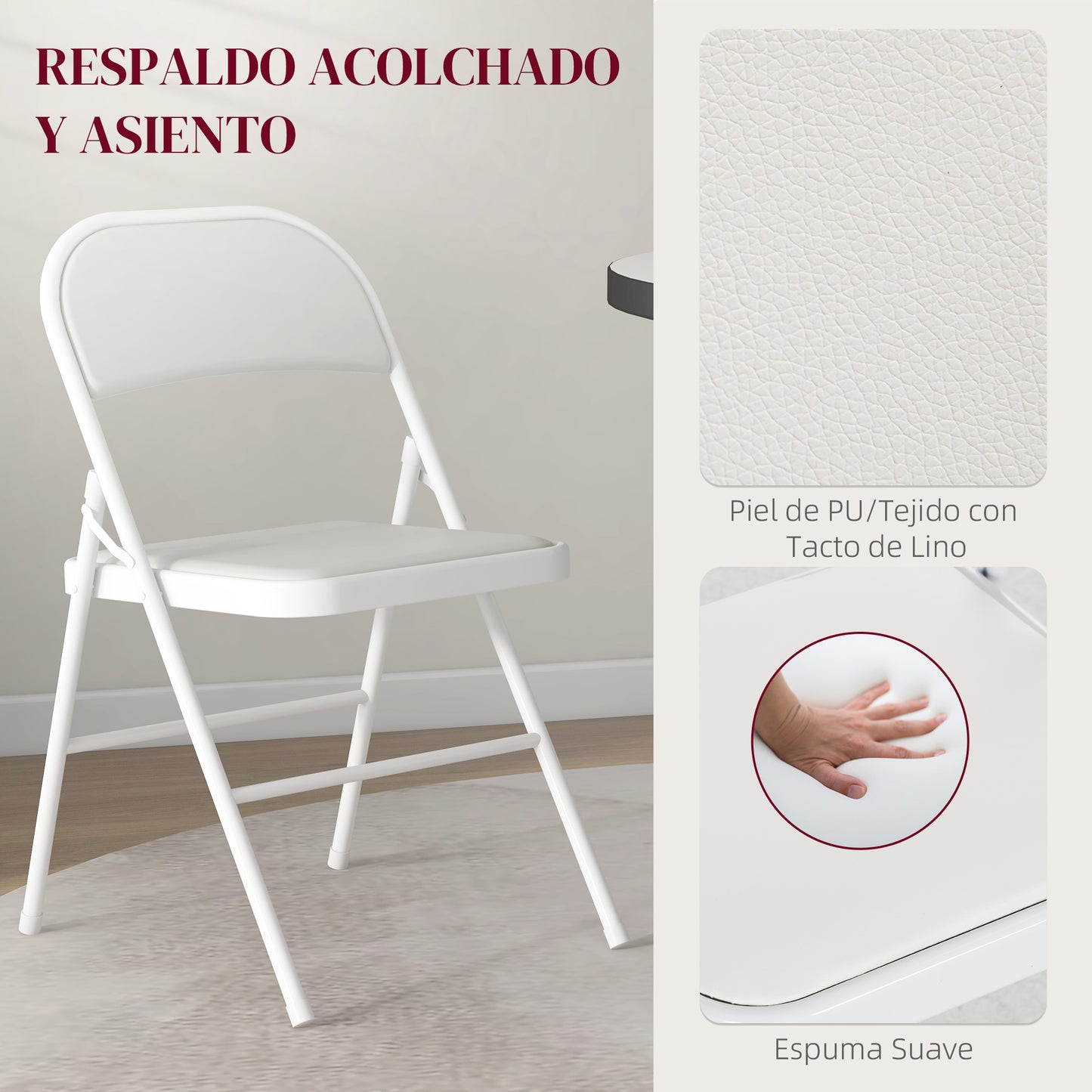 HOMCOM Juego de 2 Sillas Plegables Sillas Abatibles con Respaldo y Estructura de Acero para Salón Oficina Estudio 45x46x78 cm Blanco