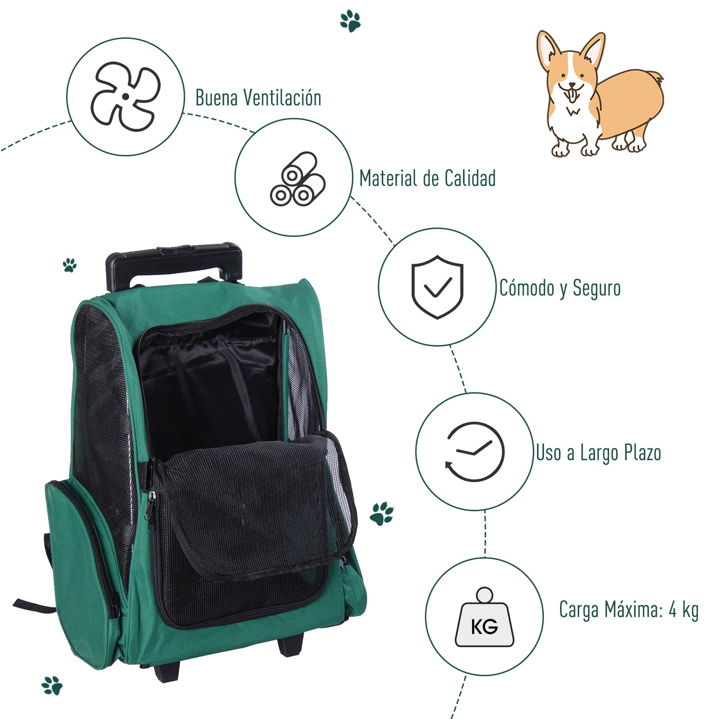 PawHut Transportín 2 en 1 para Mascotas Mochila o Carrito de Viaje para Perro y Gato con 2 Ruedas con Asa retráctil de Aluminio y Bolsillos 42x25x55 cm Verde