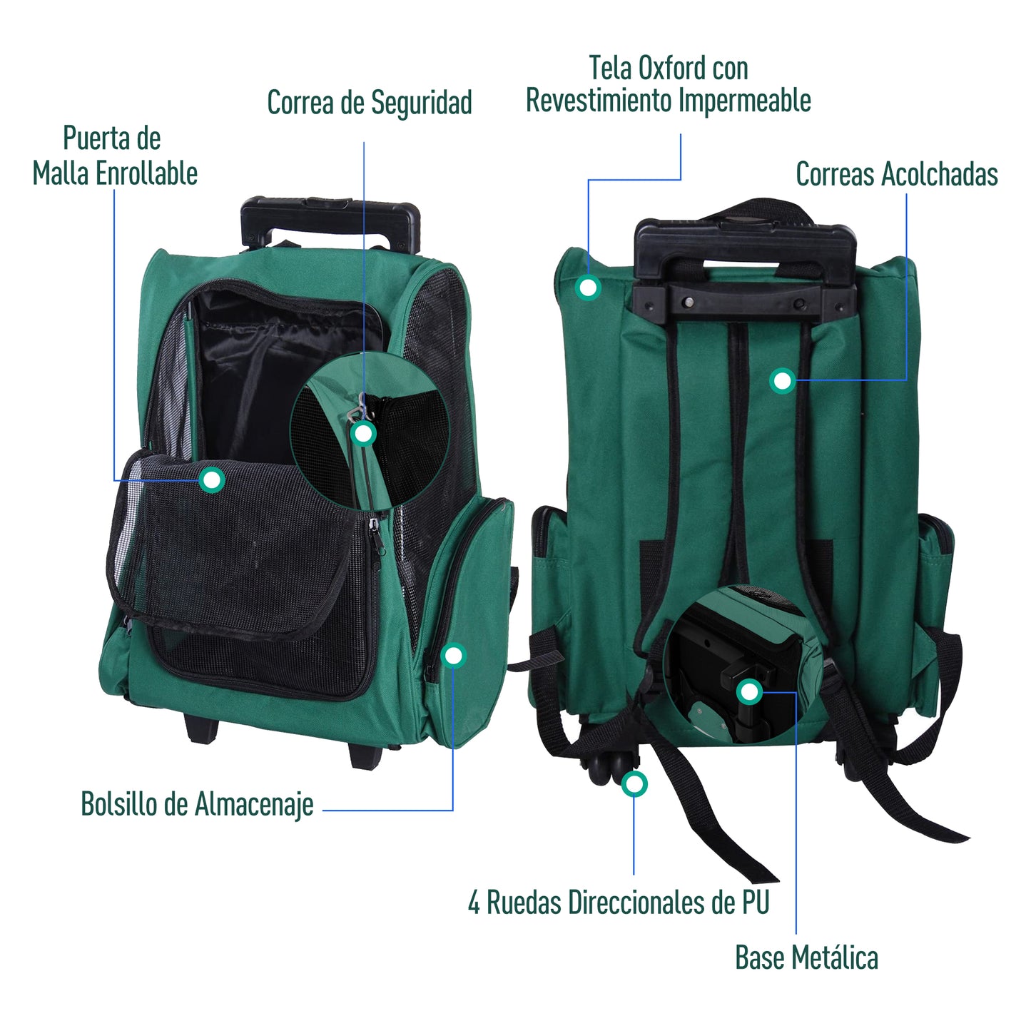 PawHut Transportín 2 en 1 para Mascotas Mochila o Carrito de Viaje para Perro y Gato con 2 Ruedas con Asa retráctil de Aluminio y Bolsillos 42x25x55 cm Verde