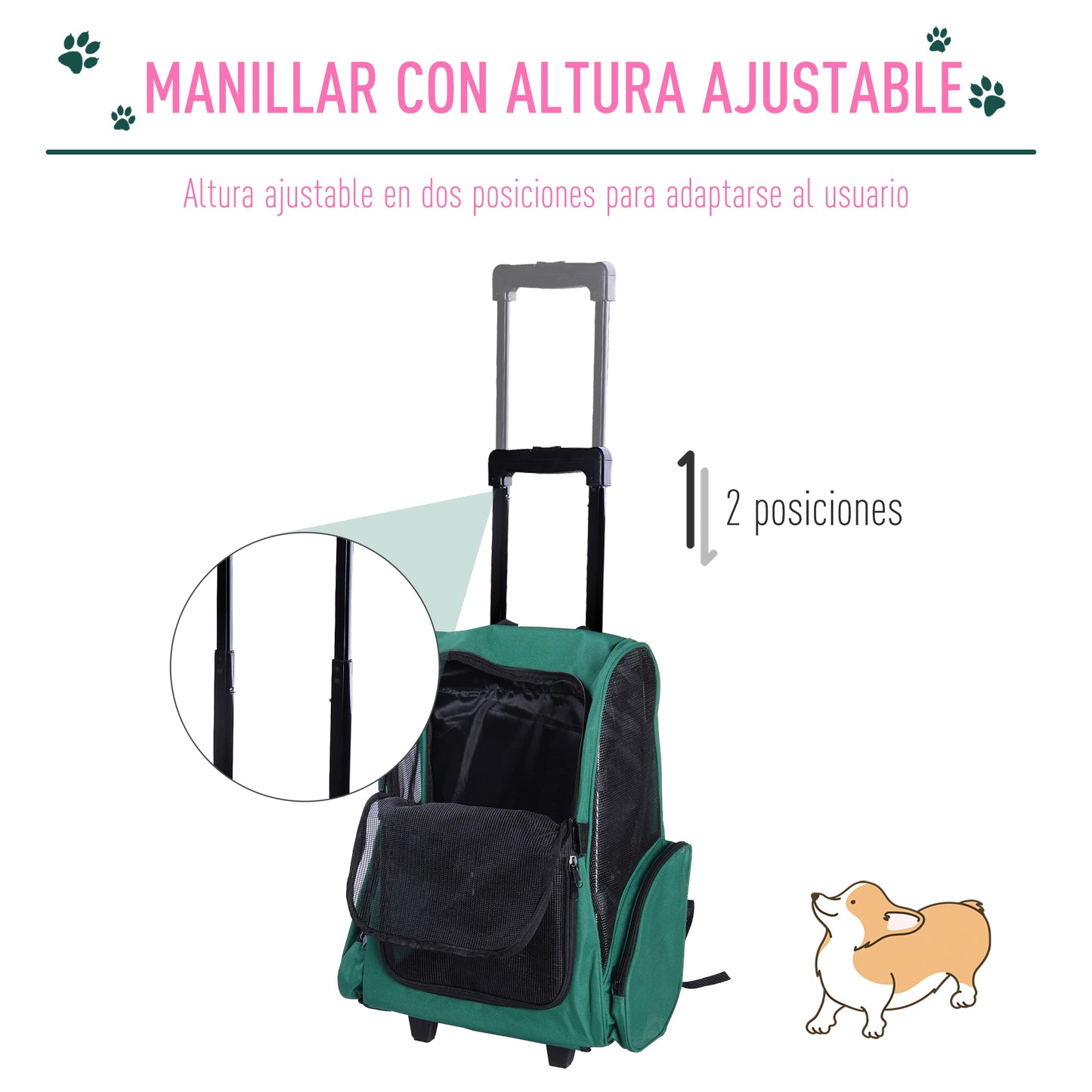 PawHut Transportín 2 en 1 para Mascotas Mochila o Carrito de Viaje para Perro y Gato con 2 Ruedas con Asa retráctil de Aluminio y Bolsillos 42x25x55 cm Verde