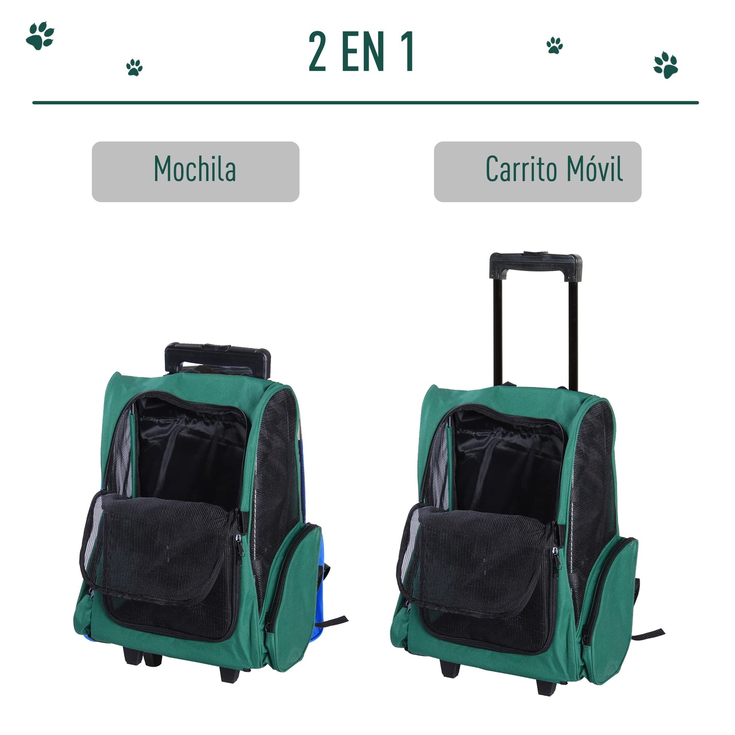 PawHut Transportín 2 en 1 para Mascotas Mochila o Carrito de Viaje para Perro y Gato con 2 Ruedas con Asa retráctil de Aluminio y Bolsillos 42x25x55 cm Verde