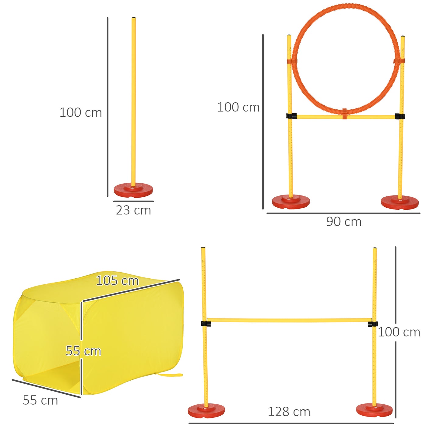 PawHut Conjunto 4 Obstáculos de Entrenamiento para Perro Set de Agilidad para Mascotas Estable Altura Ajustable de Aro con Túnel Postes y Bolsa Transporte Amarillo