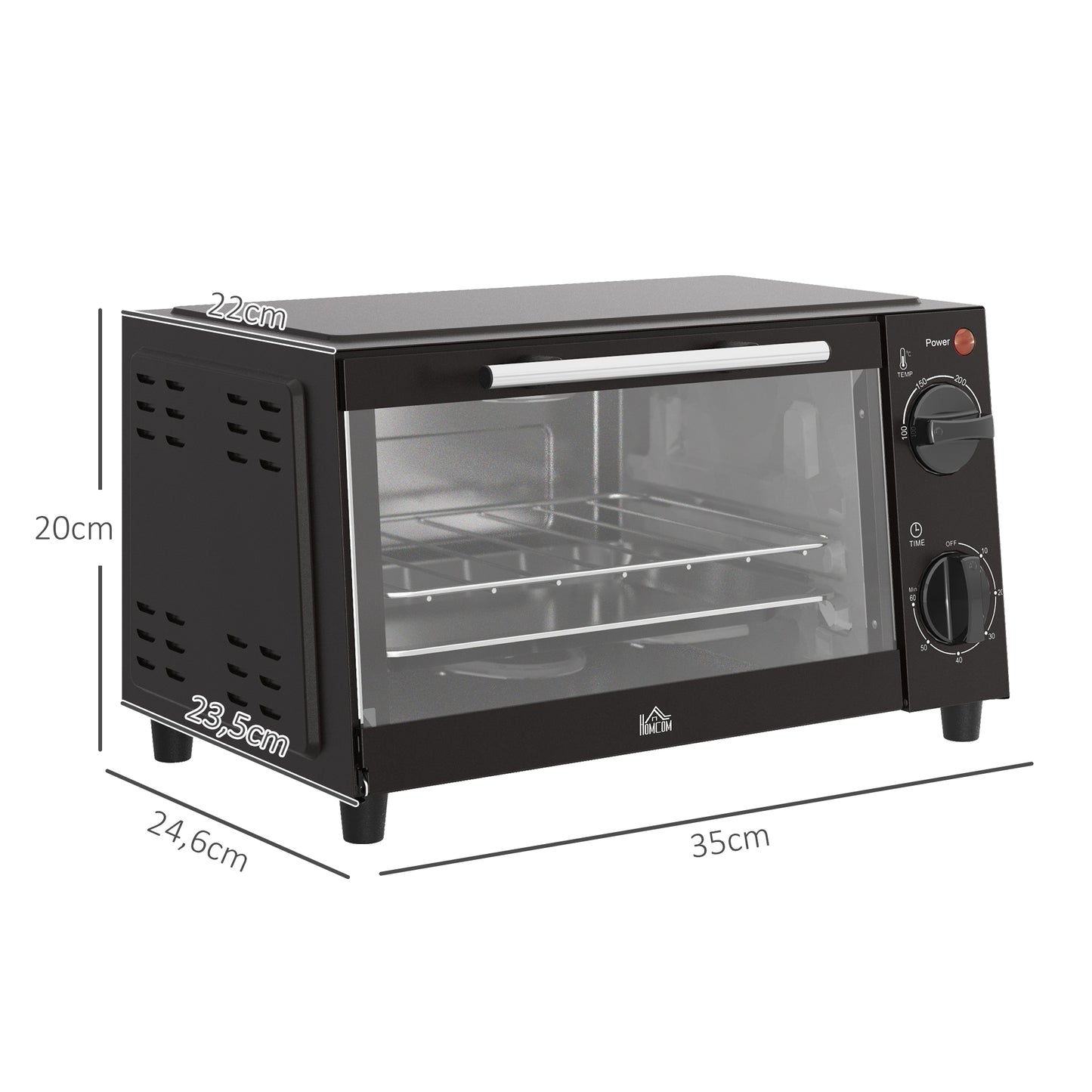 HOMCOM Horno Eléctrico de Sobremesa Horno Sobremesa de 9L 750W con Temperatura Ajustable hasta 230°C Temporizador 60min y Bandeja para Hornear Parrilla Negro