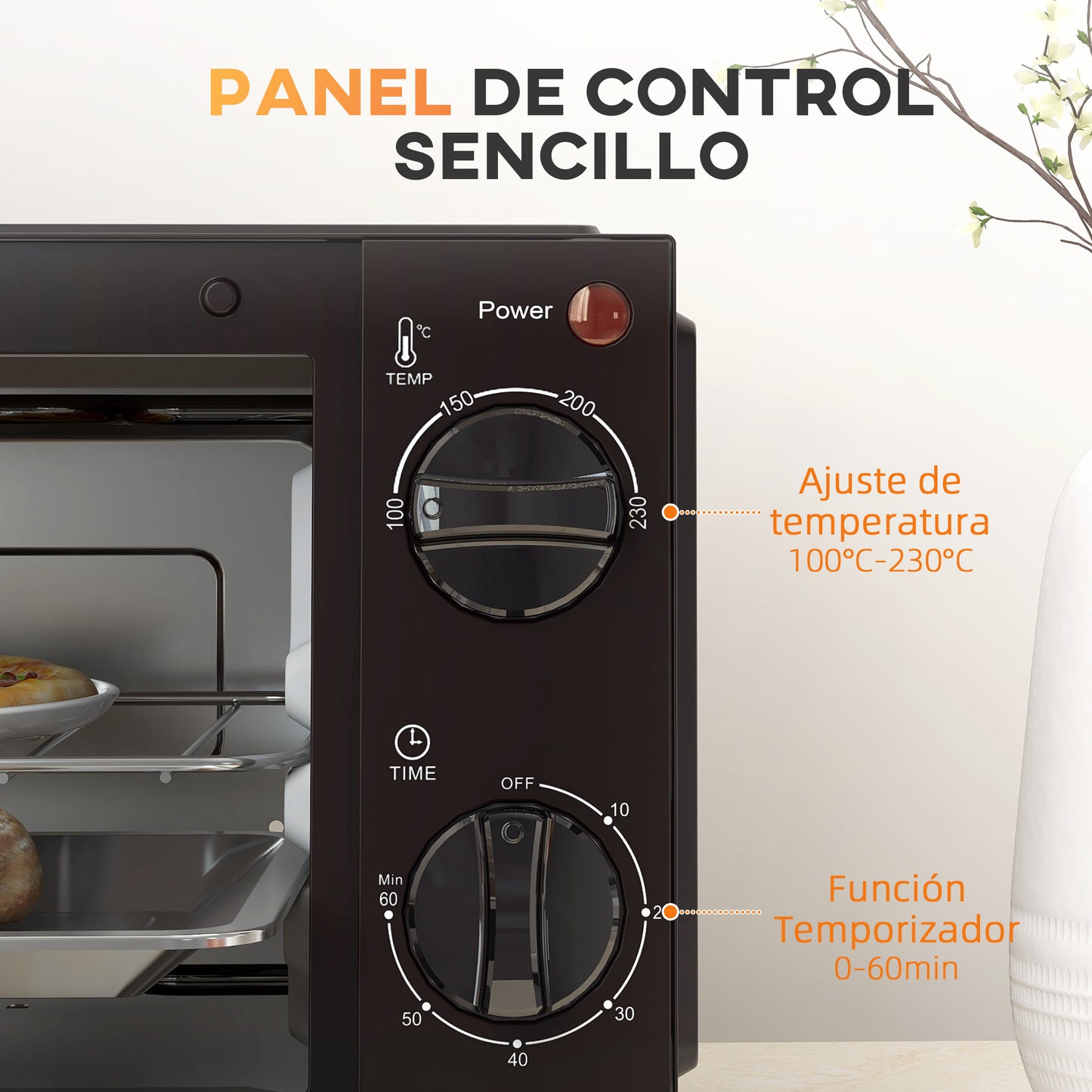 HOMCOM Horno Eléctrico de Sobremesa Horno Sobremesa de 9L 750W con Temperatura Ajustable hasta 230°C Temporizador 60min y Bandeja para Hornear Parrilla Negro