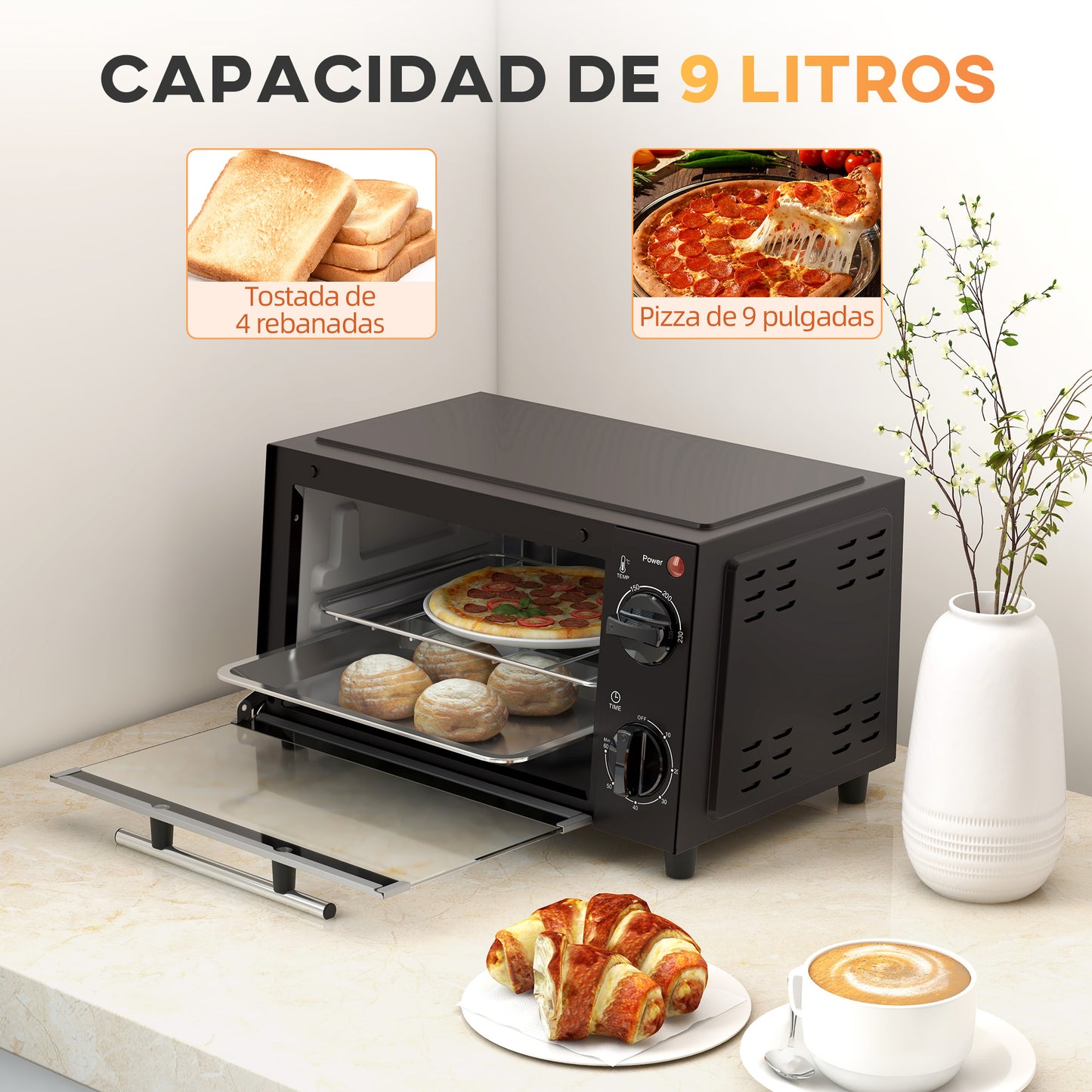 HOMCOM Horno Eléctrico de Sobremesa Horno Sobremesa de 9L 750W con Temperatura Ajustable hasta 230°C Temporizador 60min y Bandeja para Hornear Parrilla Negro