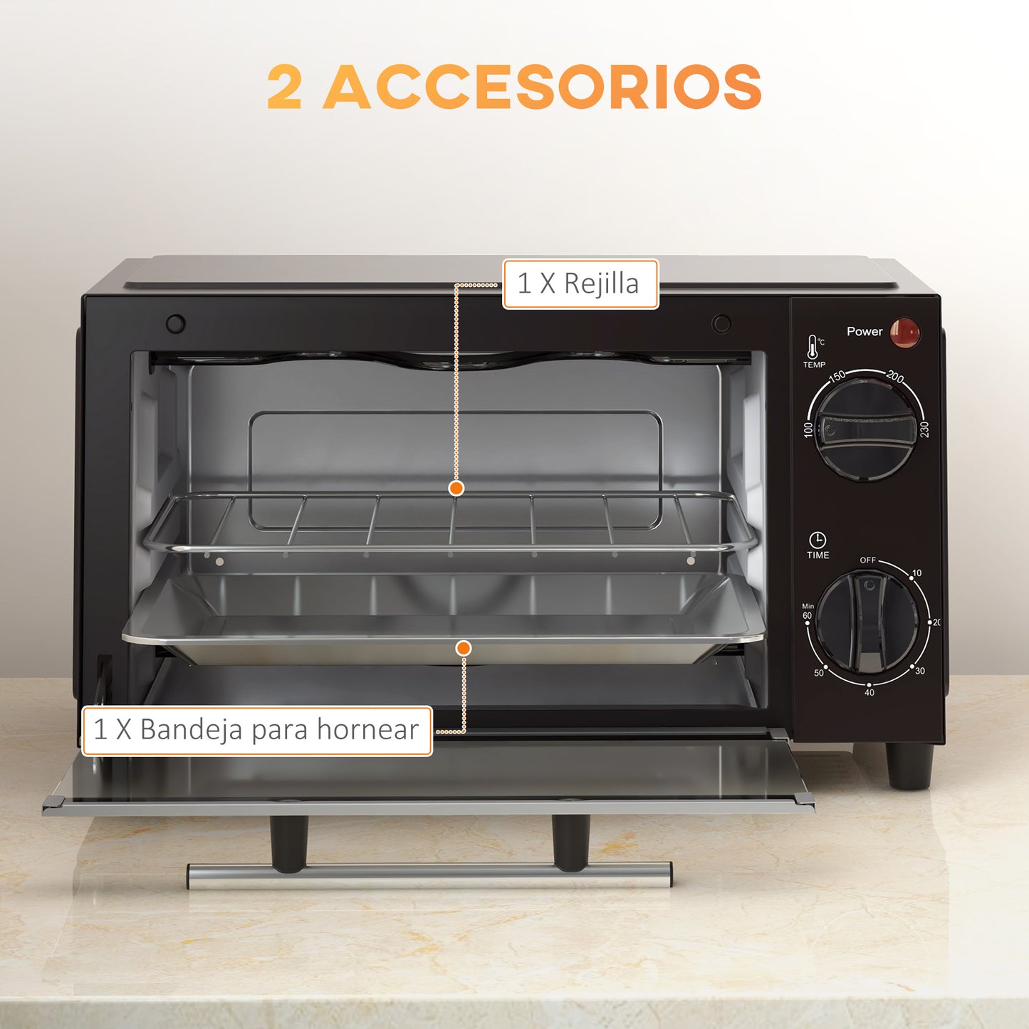 HOMCOM Horno Eléctrico de Sobremesa Horno Sobremesa de 9L 750W con Temperatura Ajustable hasta 230°C Temporizador 60min y Bandeja para Hornear Parrilla Negro