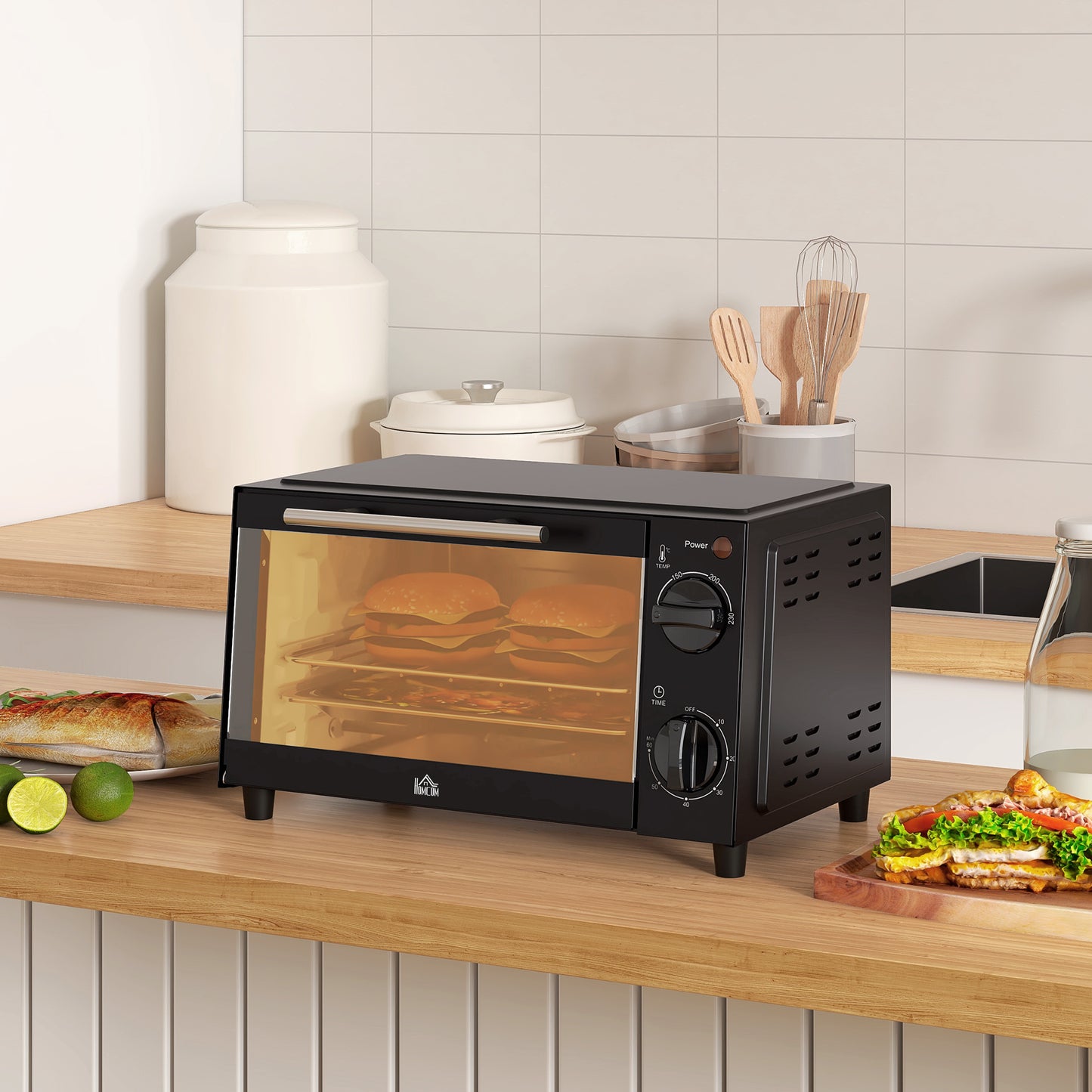 HOMCOM Horno Eléctrico de Sobremesa Horno Sobremesa de 9L 750W con Temperatura Ajustable hasta 230°C Temporizador 60min y Bandeja para Hornear Parrilla Negro