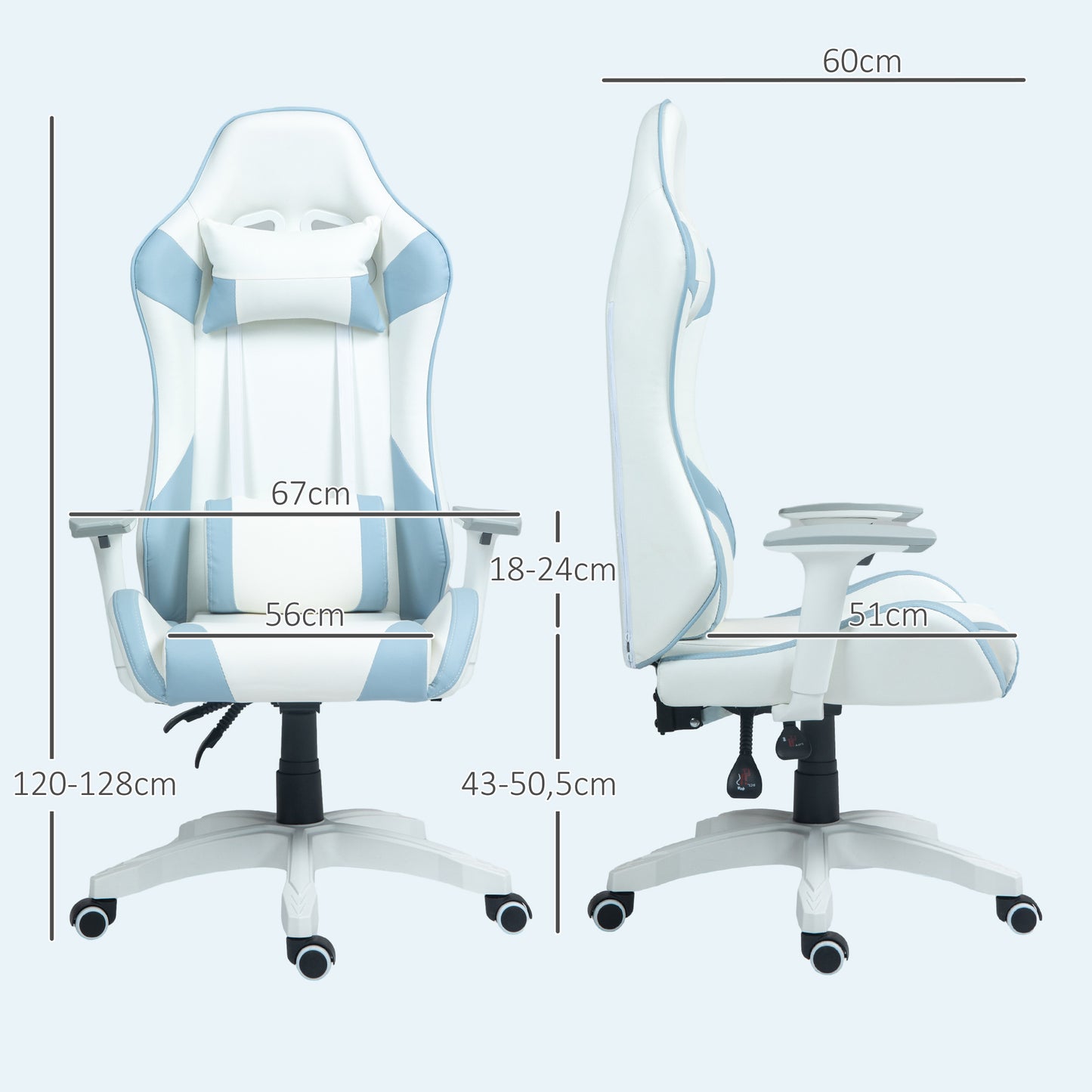 HOMCOM Silla Gaming Reclinable Silla Gamer Giratoria Silla de Oficina Basculante con Cojín Lumbar Reposabrazos 3D Reposacabezas Extraíble y Altura Ajustable 67x60x120-128 cm Blanco y Azul