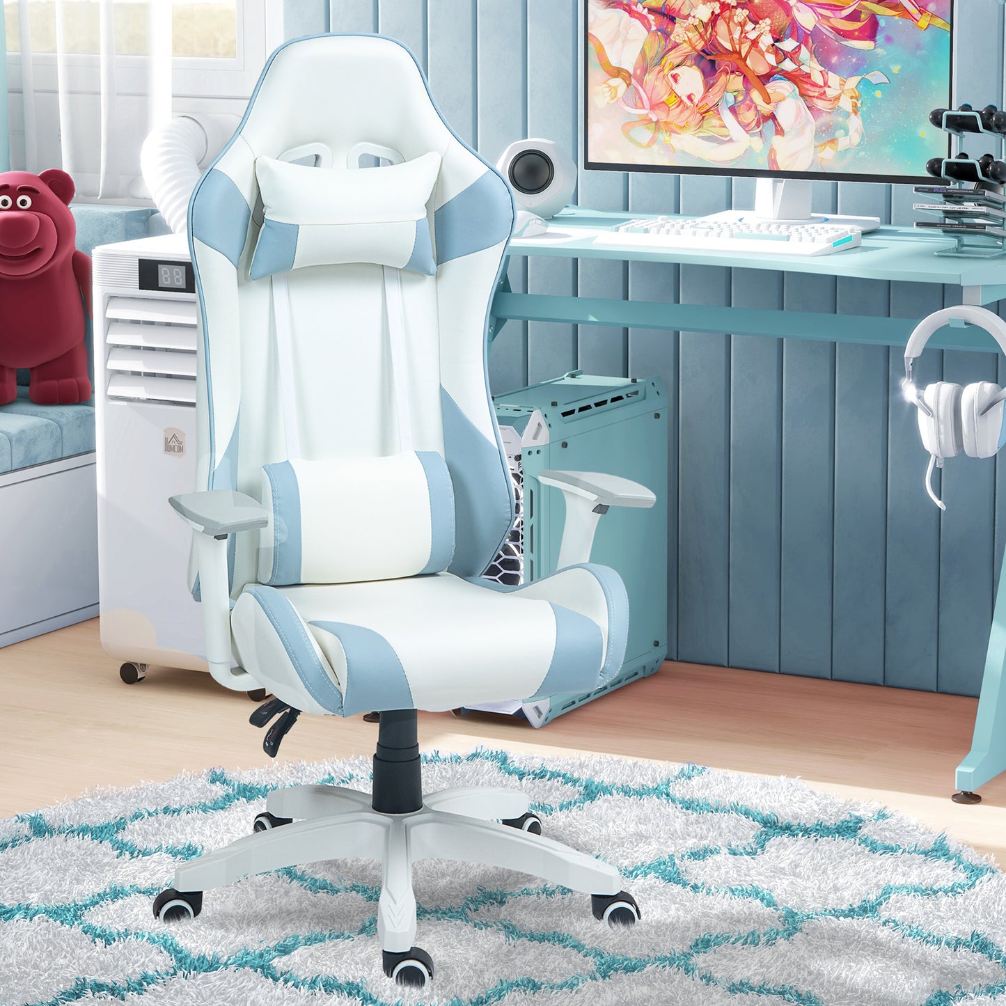 HOMCOM Silla Gaming Reclinable Silla Gamer Giratoria Silla de Oficina Basculante con Cojín Lumbar Reposabrazos 3D Reposacabezas Extraíble y Altura Ajustable 67x60x120-128 cm Blanco y Azul