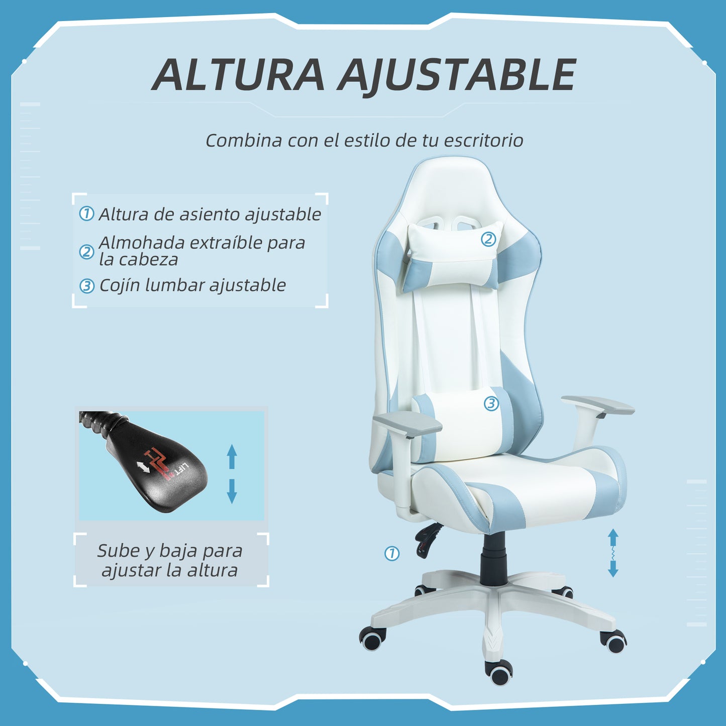 HOMCOM Silla Gaming Reclinable Silla Gamer Giratoria Silla de Oficina Basculante con Cojín Lumbar Reposabrazos 3D Reposacabezas Extraíble y Altura Ajustable 67x60x120-128 cm Blanco y Azul