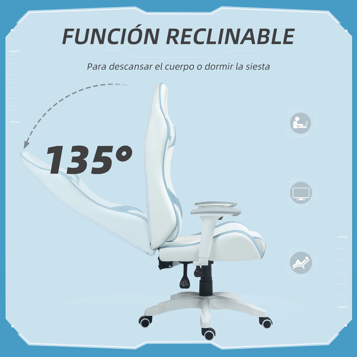 HOMCOM Silla Gaming Reclinable Silla Gamer Giratoria Silla de Oficina Basculante con Cojín Lumbar Reposabrazos 3D Reposacabezas Extraíble y Altura Ajustable 67x60x120-128 cm Blanco y Azul