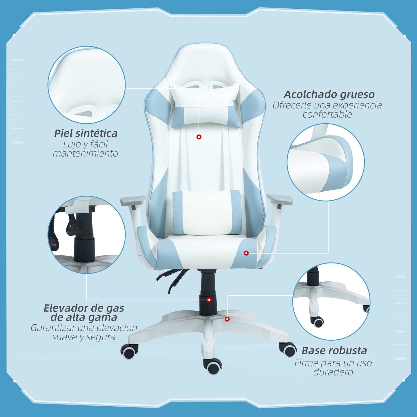 HOMCOM Silla Gaming Reclinable Silla Gamer Giratoria Silla de Oficina Basculante con Cojín Lumbar Reposabrazos 3D Reposacabezas Extraíble y Altura Ajustable 67x60x120-128 cm Blanco y Azul