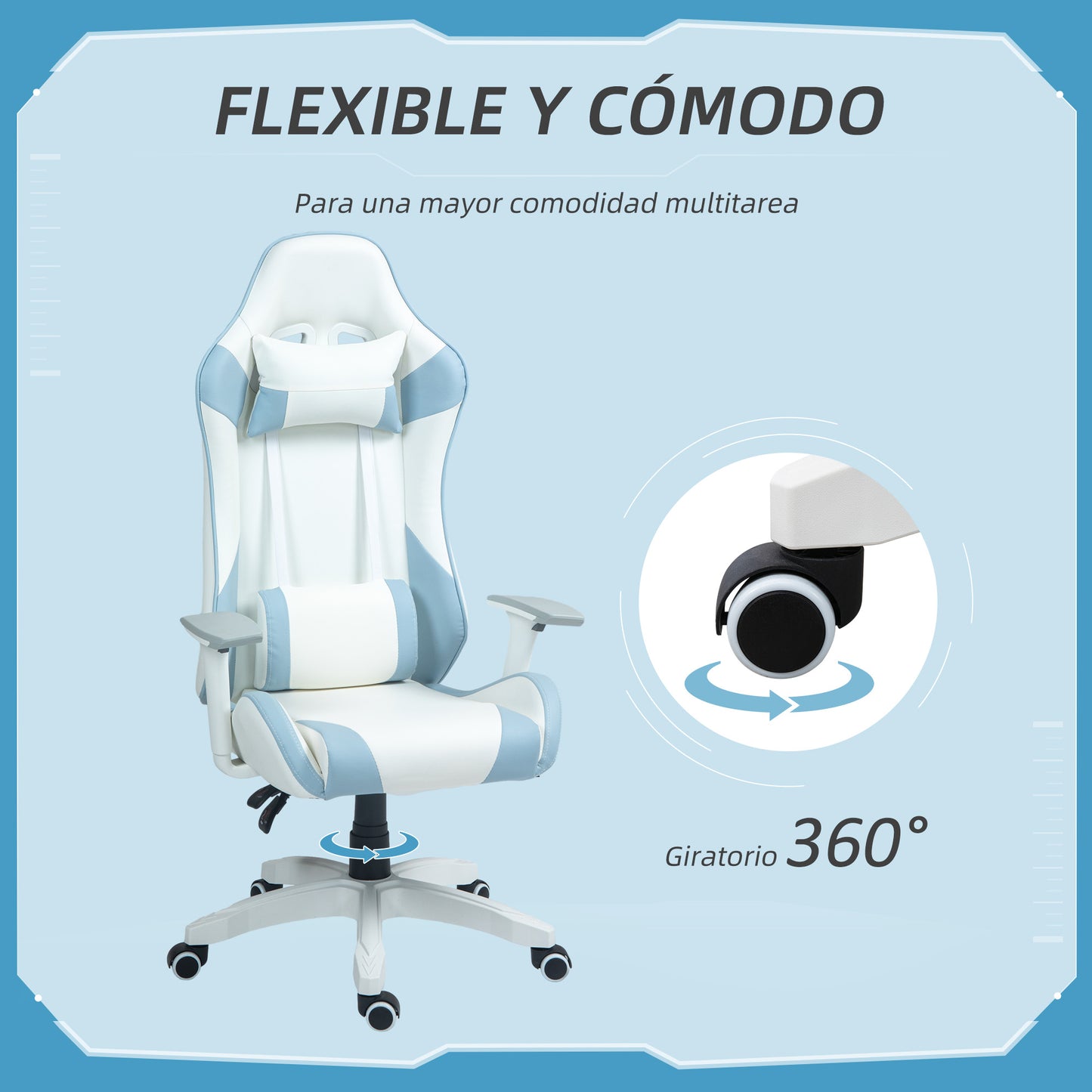 HOMCOM Silla Gaming Reclinable Silla Gamer Giratoria Silla de Oficina Basculante con Cojín Lumbar Reposabrazos 3D Reposacabezas Extraíble y Altura Ajustable 67x60x120-128 cm Blanco y Azul