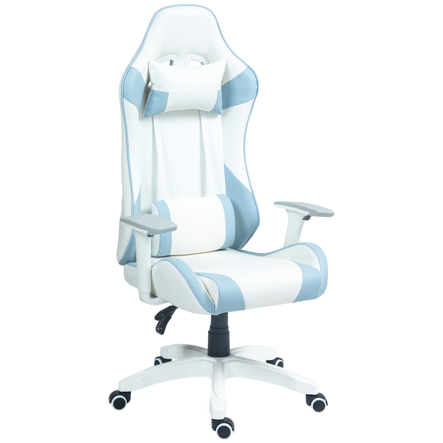 HOMCOM Silla Gaming Reclinable Silla Gamer Giratoria Silla de Oficina Basculante con Cojín Lumbar Reposabrazos 3D Reposacabezas Extraíble y Altura Ajustable 67x60x120-128 cm Blanco y Azul