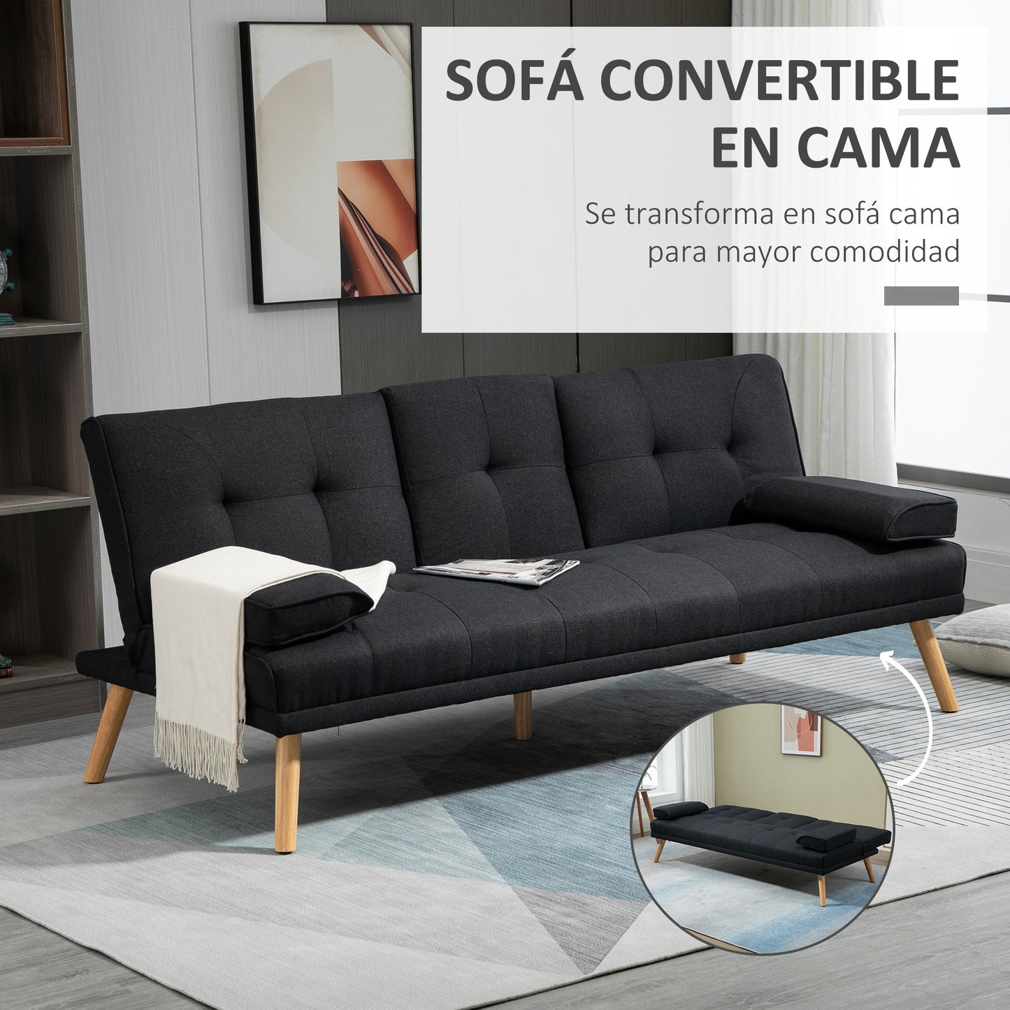 HOMCOM Sofá Cama 3 Plazas Sofá Cama Plegable con Respaldo Ajustable de 3 Niveles Reposabrazos Desmontable y 2 Soportes para Vasos 181x77x78 cm Gris