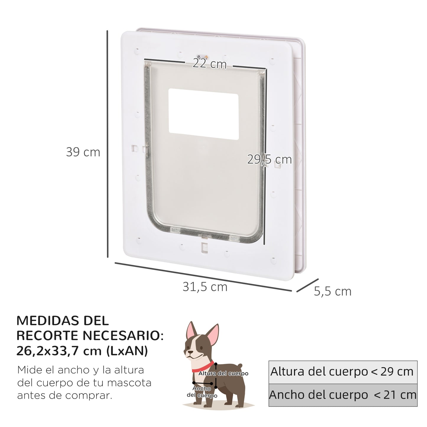 PawHut Puerta para Perros Gatera para Gatos 31,5x39x5,5 cm con Cierre Magnético de 2 Vías Sistema de Bloqueo Puerta para Mascotas de Entrada y Salida Fácil de Instalar Blanco