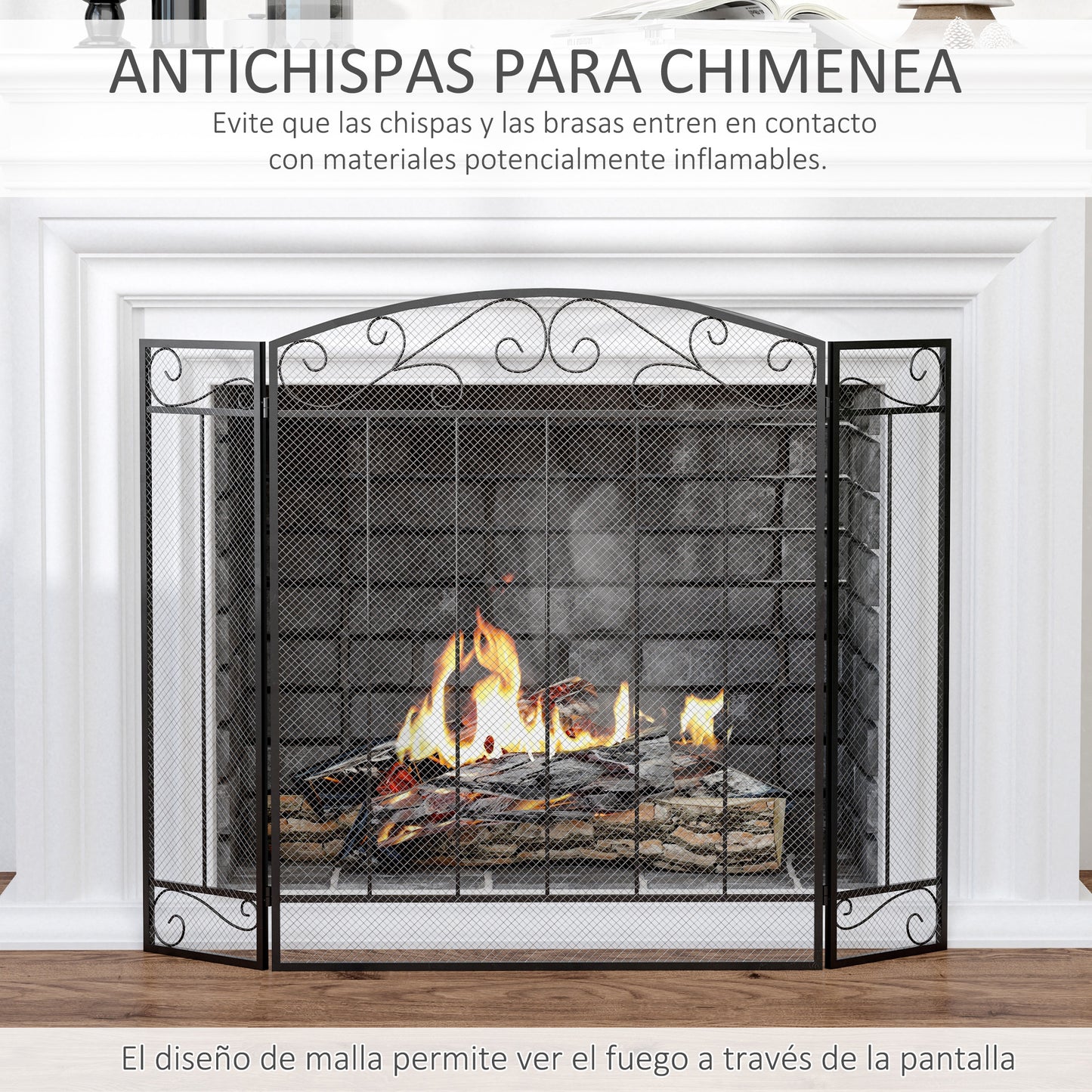 HOMCOM Salvachispas Plegable para Chimenea 105x80,5 cm Pantalla Protector para Estufas de 3 Paneles con Bisagras Estructura de Metal y Alambre Decorativo Negro